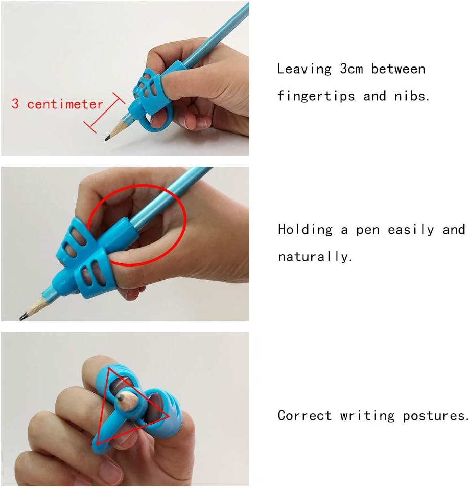 Pencil Grips（New, KOABBIT Children Pen Writing Aid Grip Set Posture Correction Tool for Kids Preschoolers Children,Hollow Ventilation Colorful (3 Pack) - Green,Orange,Blue image number 3
