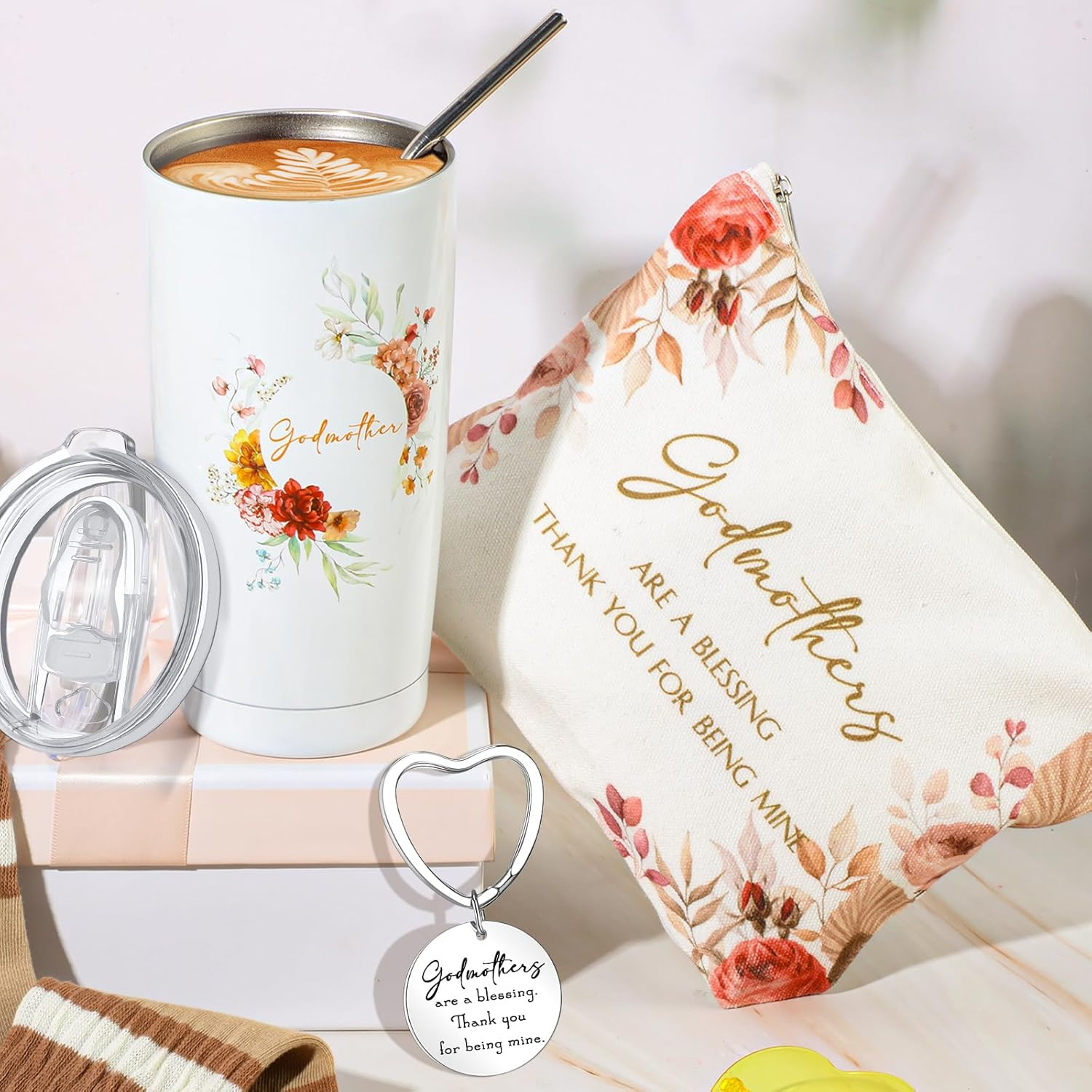 Sieral 3 Pcs Godmother Proposal Gifts Will You Be My Godmother 20Oz Stainless Steel Tumbler Makeup Bag Keychain from Godchild Christmas Birthday Baptism Mother'S Day Gift for God Mom(Boho Flowers)