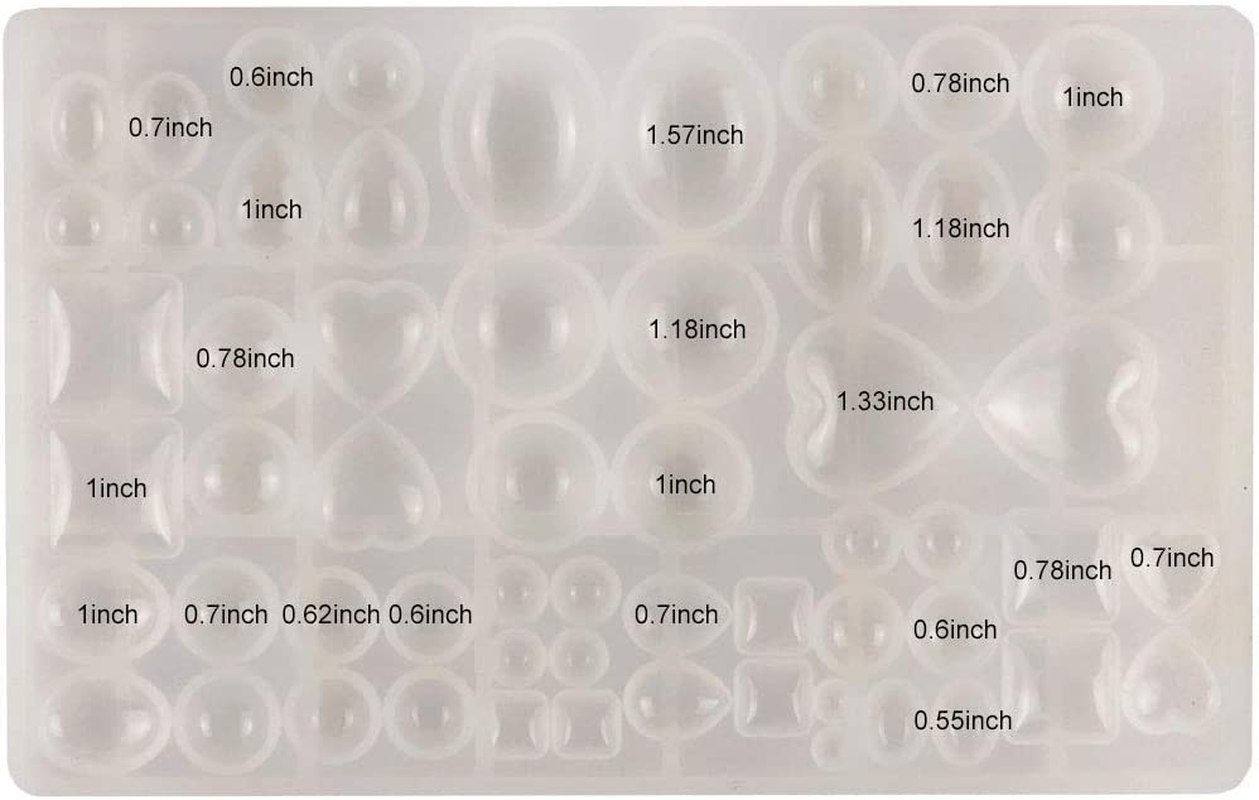 Cabochon Gem Jewelry Silicone Mold Kit Oval Teardrop Square Heart round Shapes for Polymer Clay Crafting Resin Epoxy Pendant Earrings Making Casting DIY Craft Mold 29 Design 58 Cavity Large