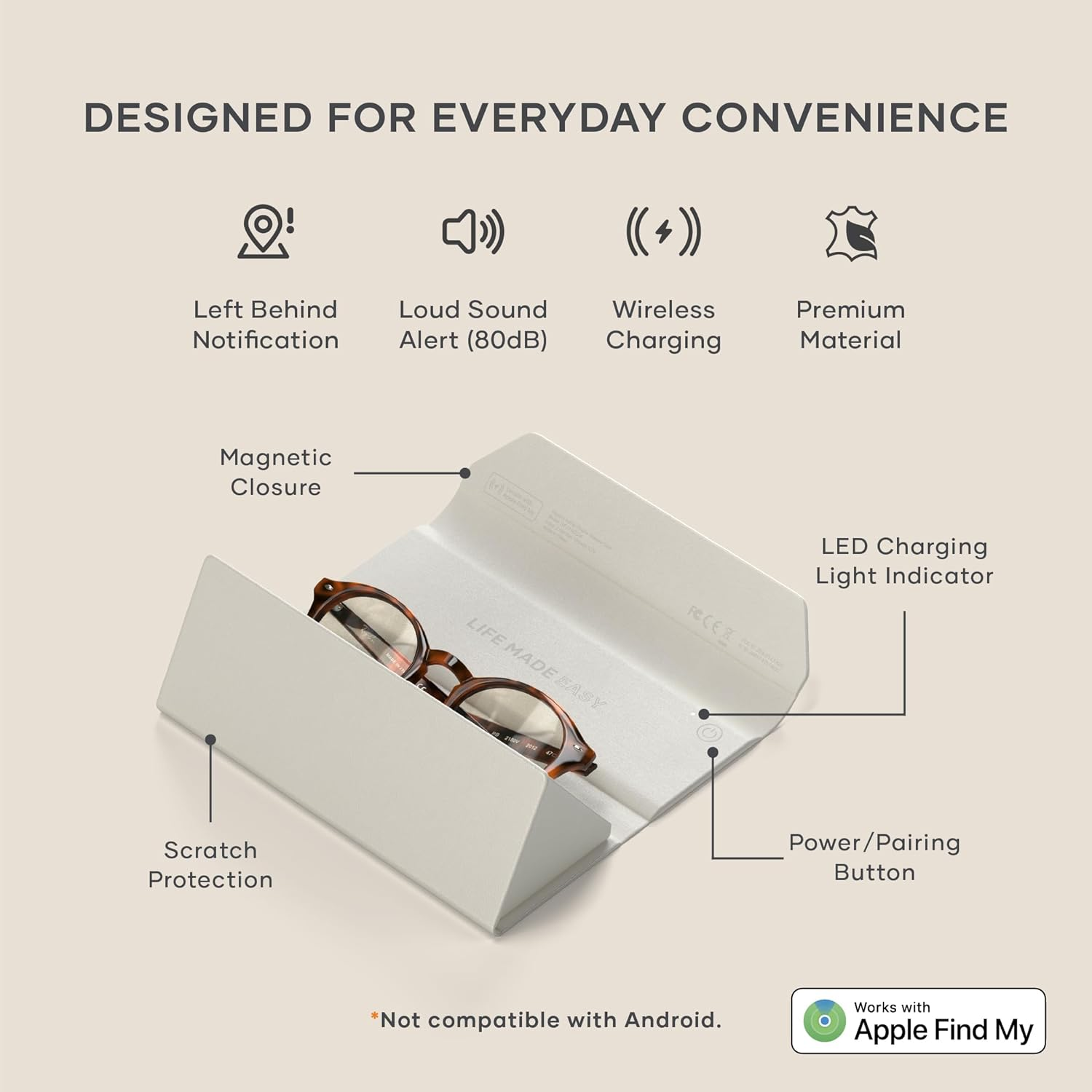 Satechi Findall Smart Glasses Case with Find My, Foldable & Portable, Wireless Rechargeable, Left-Behind Alerts, Loud Audible Chime, Compatible with Most Glasses & XR/AR Glasses &ndash; Sand