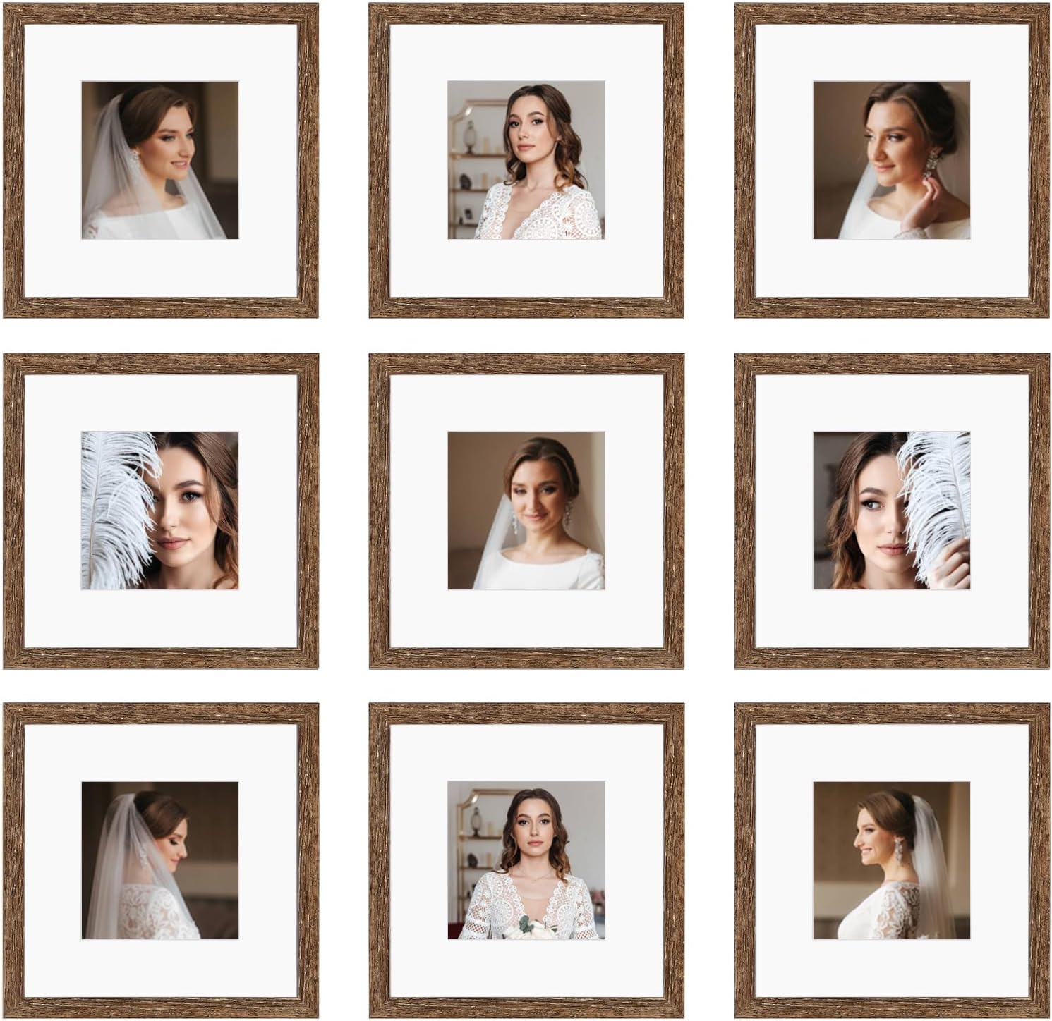 BSRHOME 12X12 Picture Frame Set of 9, Display Pictures 8X8 with Mat or 12X12 without Mat, Multi Collage Gallery Square Photo Frames for Wall or Tabletop, White