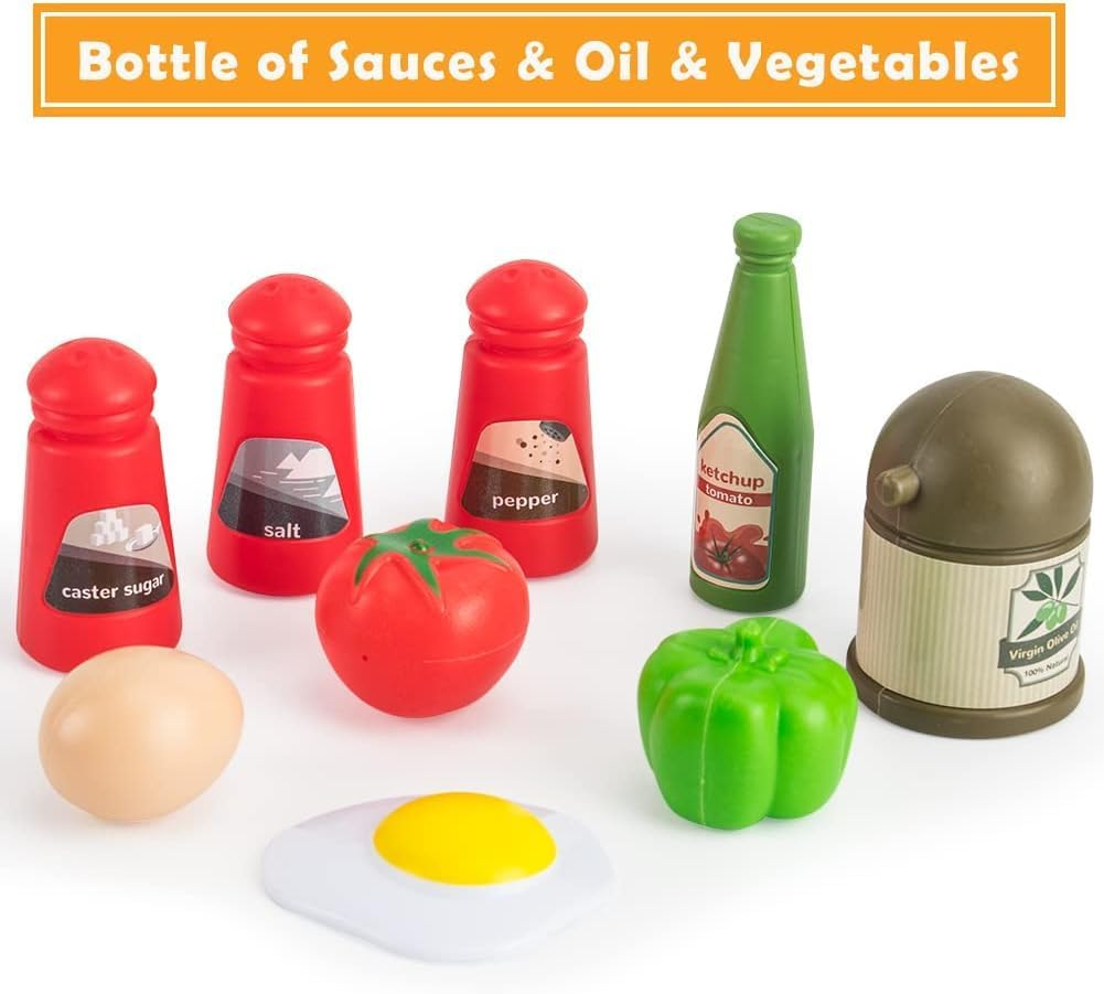 32Pcs Kids Play Kitchen Toys Set, Toddlers Pretend Cooking Playset Acccessories with Pots Pans, Utensils Cookware, Foods, Canned Veges, Learning Gift for Kids Girls Boys (Pink) image number 3