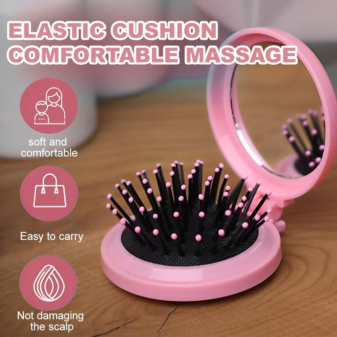 Pack of 2 Foldable Travel Hair Brush with Mirror Foldable Travel Mirror round Portable Foldable Bag Hair Brush for Men Women and Girls Purple Pink image number 5