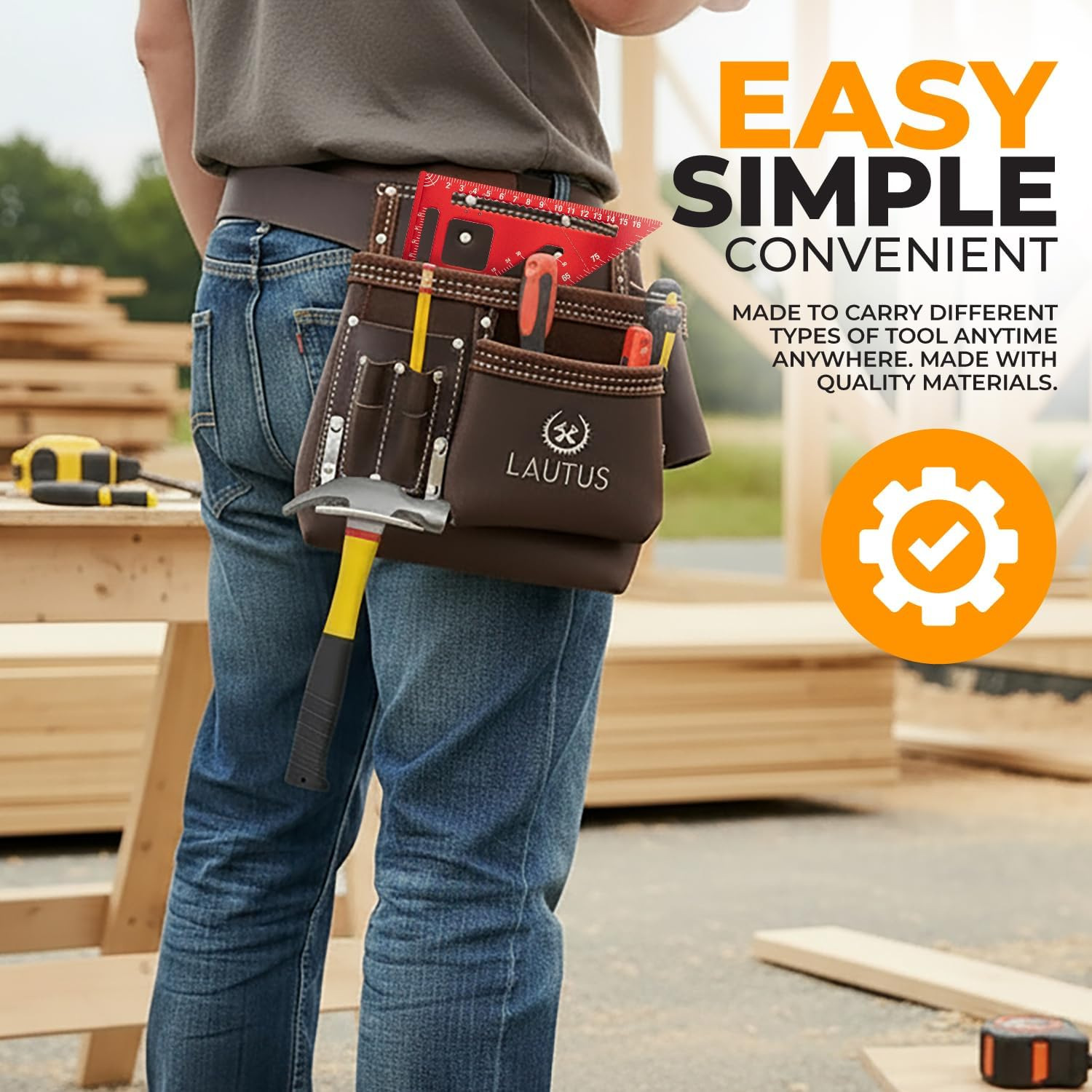 LAUTUS 5 Pocket Oil Tanned Tool Belt/Pouch/Bag/Apron Carpenter, Construction, Framers, Handyman, Electrician | 32-Inch to 46-Inch | Brown| Hammer Holder| Built Tough| image number 5