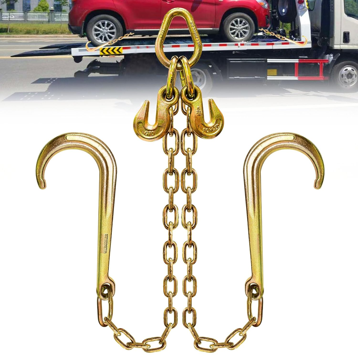 G80 J Hooks Tow Chain, 5/16" X 6' Recovery Tow Hooks Chain 15IN J Hook W/Rtj & Grab Hook, 18800LBS Tow Truck Accessories J Hooks, Bridle Tow Transport Chain, Wrecker Towing Truck Equipment, 2PCS