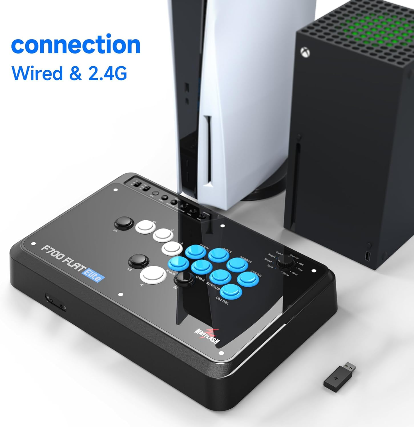 MAYFLASH F700 FLAT Elite Wireless Arcade Stick Leverless All Button Controller with Sanwa Buttons Compatible with PS5, PS4, PC, Xbox Series S/X, Switch and More Support Bluetooth, 2.4G and Wired image number 3