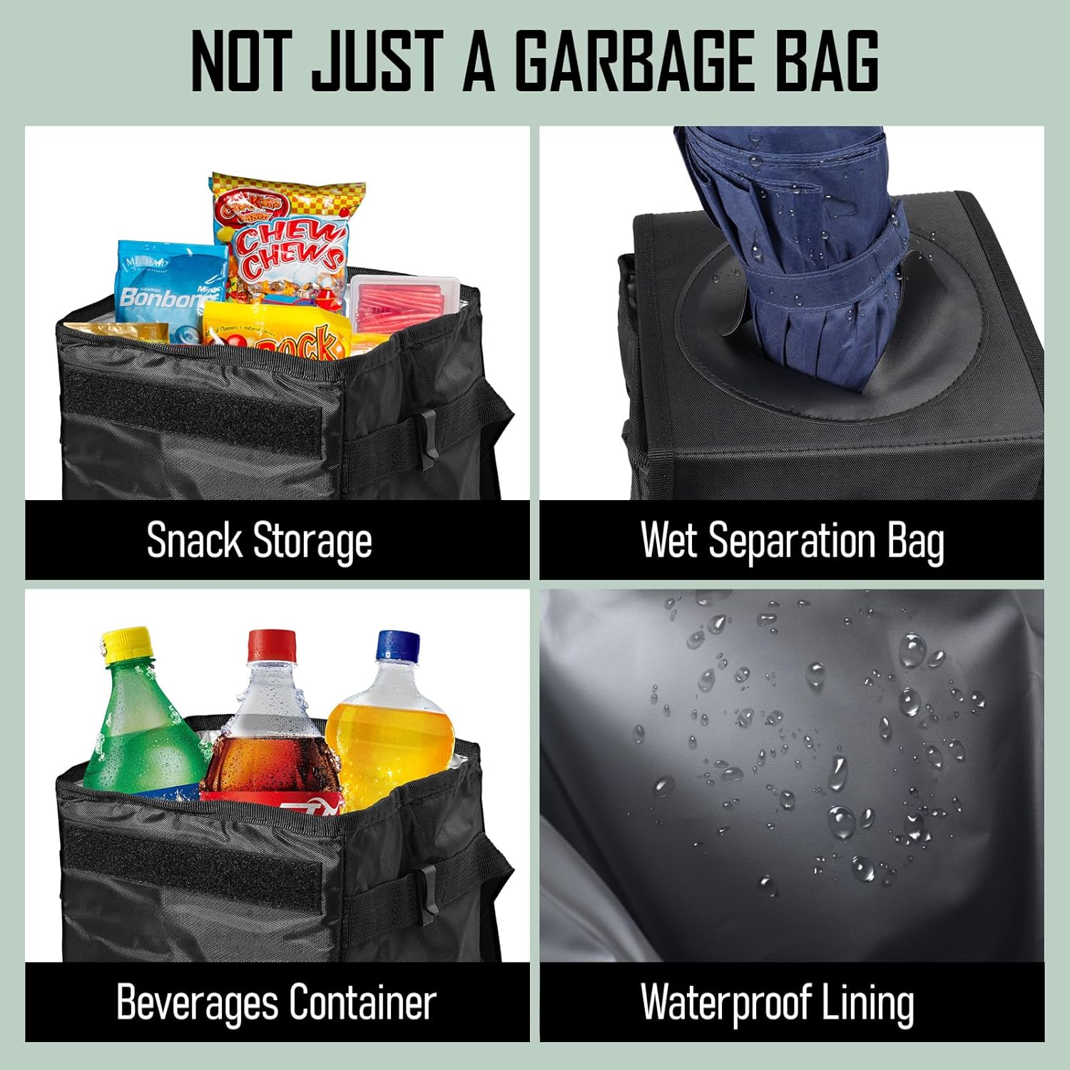 Foldable Waterproof Car Bin for Trash with Lid, Rectangle Vehicle Dustbin Organizer for Hanging on Seat or Floor, for Car Office Home Camping (Black) image number 3