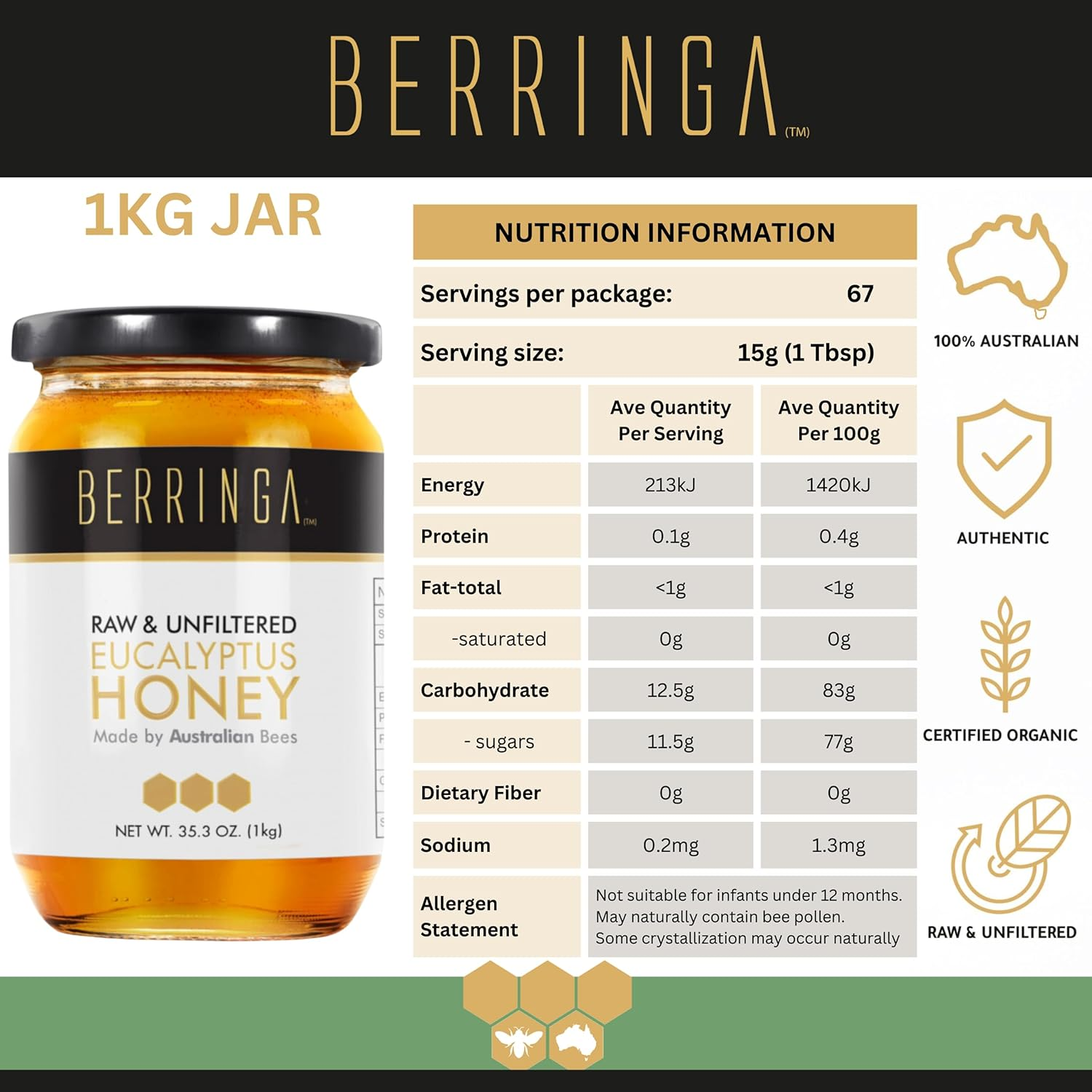 Berringa Certified Eucalyptus Honey 1KG - Australian Raw Honey | Unfiltered | 100% Pure Genuine Locally Sourced | Cold Extracted | Non-Gmo Superfood | Gluten Free Food | Bulk | Glass Jar image number 2