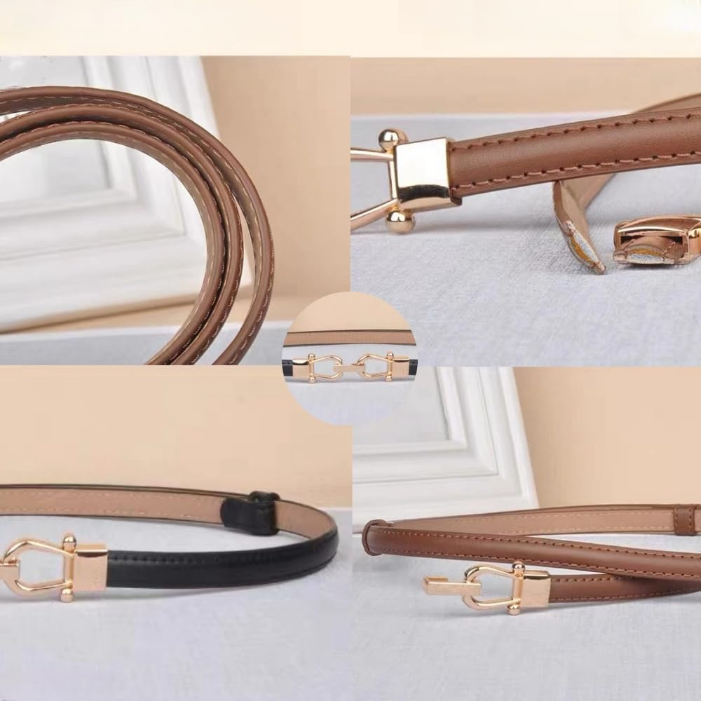 GYWHOOFT Womens Belt, 2 Pieces Women'S Leather Skinny Belt Adjustable Thin Waist Belts for Jeans Shorts Pants,Sweaters,Dresses Lady Waistband with Golden Buckle,Women Accessories image number 2