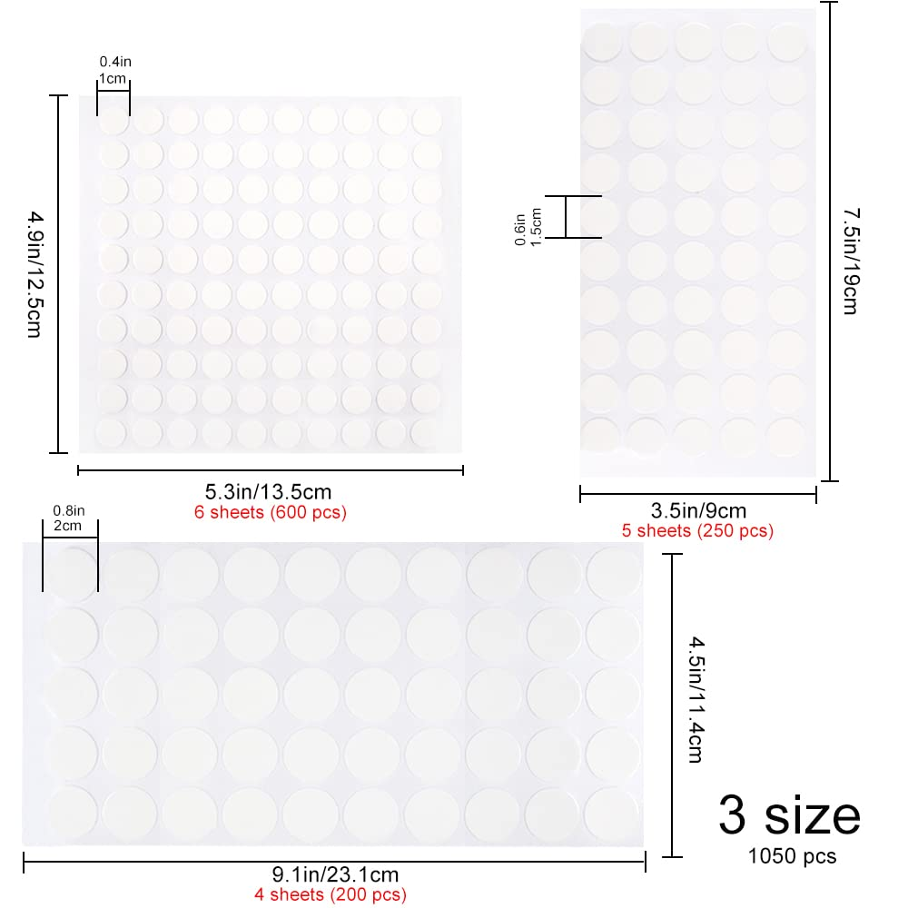 3 Sizes Glue Dots, 1050Pcs Clear Sticky Tack for Crafts, round Double Sided Sticky Dots, No Traces Dots Balloon Glue, Removable Adhesive Wall Putty for Hanging Things (3 Size) image number 3