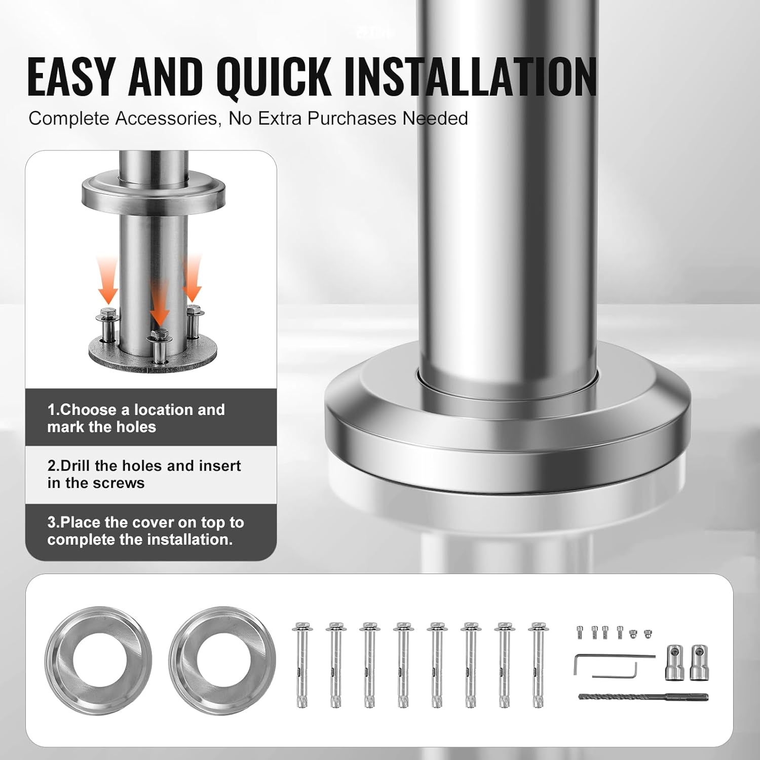 VEVOR Handrails for Outdoor Steps, 39.4In / 100Cm Length Stair Hand Rail Kit, Transitional Stainless Steel Railings with Installation Kit, Double-Column Staircase Handrails for Seniors,Porch & Deck image number 4