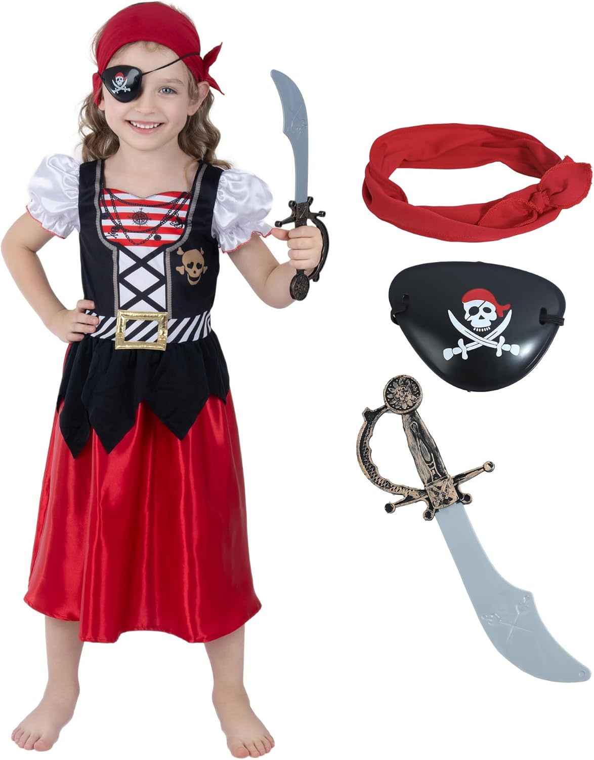 Sincere Party Girls Pirate Costume Pirate Bucaneer Princess Deluxe Dress&Pirate Hat for Kids 3-10Years