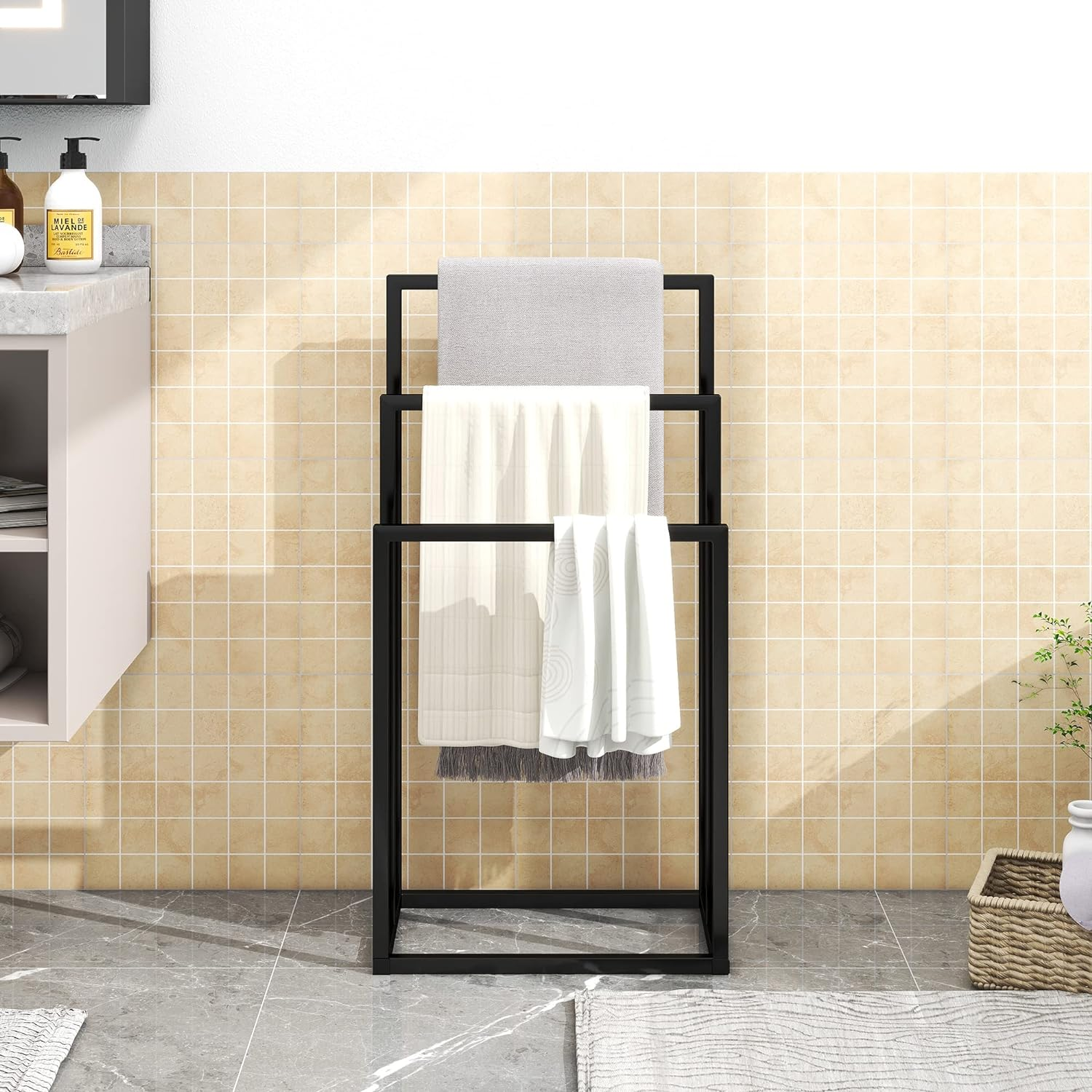 3 Tiers Freestanding Towel Racks for Bathroom, Metal Towel Rack Standing Towel Holder Drying Hand Towel Stand Holder, Black image number 4