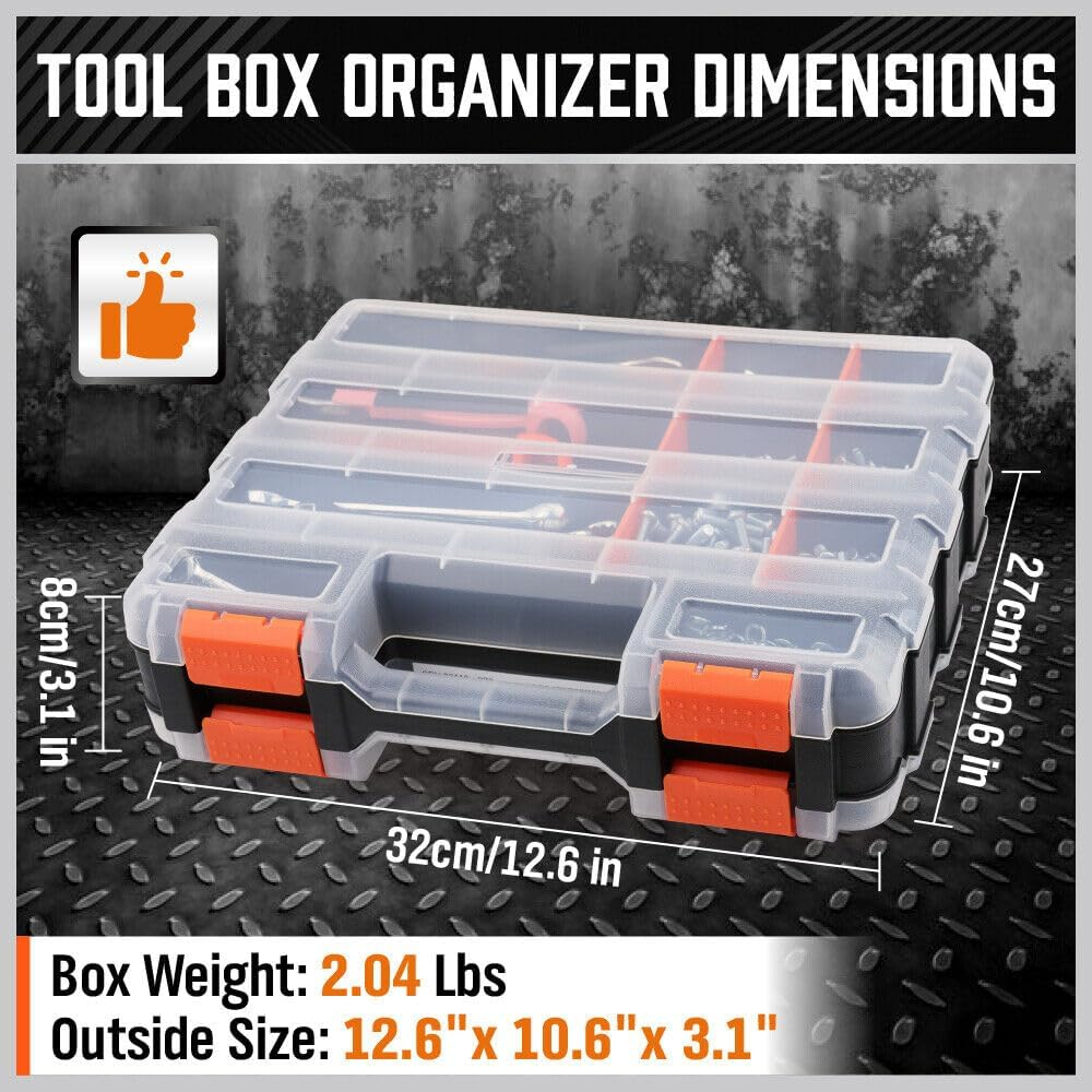 HORUSDY 34-Compartments Double Sided Organizer, Storage Box with Impact Resistant Polymer and Customized Removable Plastic Dividers, Storage and Carry Tool Box, Black/Orange image number 4
