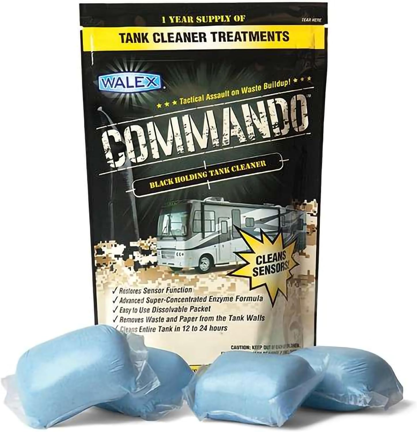 Walex Commando RV Black Holding Tank & Sensor Cleaner - Eliminates Waste & Paper Buildup, Restores Sensor Function, Lubricates Valves & Seals, Advanced Enzyme Formula; Dissolvable Packets, 4 Count image number 2