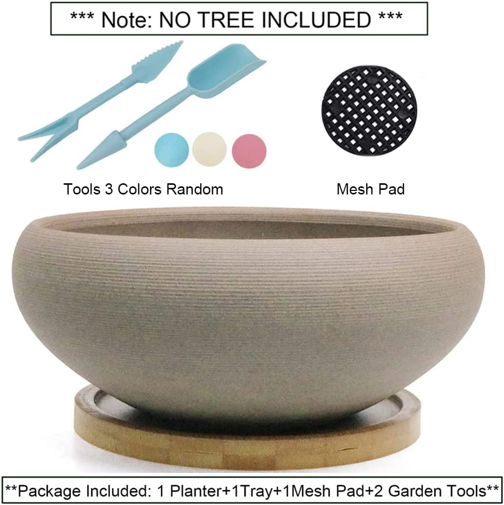 MUZHI round Unglazed Ceramic Bonsai Pot with Bamboo Tray, Large Rough Pottery Succulent Planter with Drainage Hole 8 Inch &hellip;