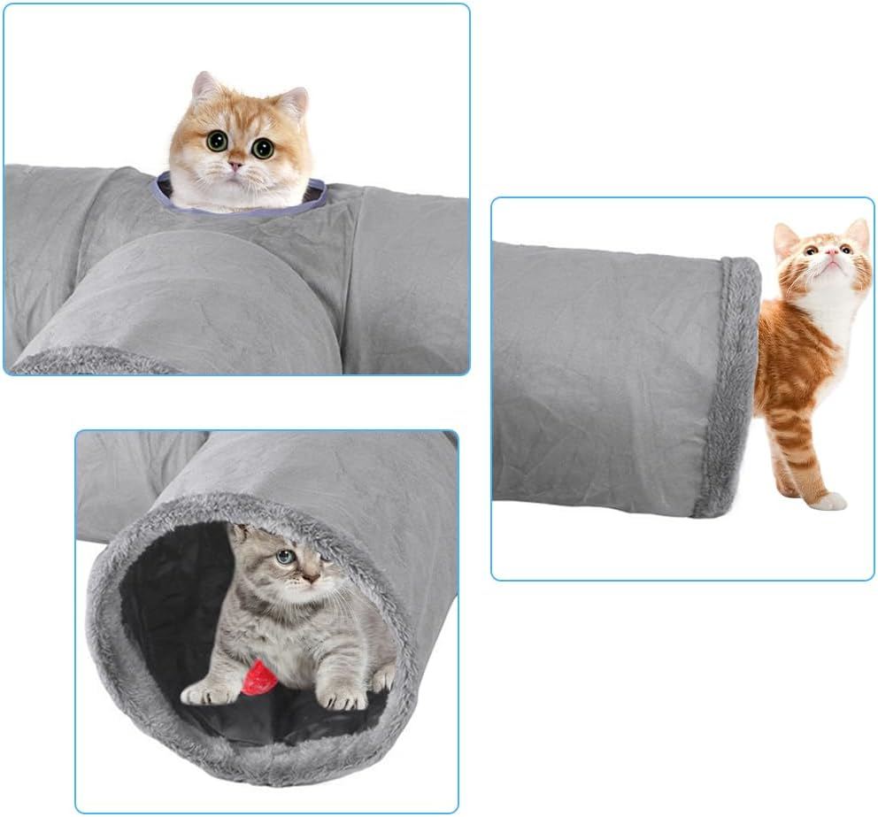 CEWROM Cat Tunnel, 3-Way Foldable Cat Tunnel Cat Toy, T-Shaped Cat Play Tunnel with Ball, Rustling Tunnel for Cats, Rabbits and Guinea Pigs, Grey