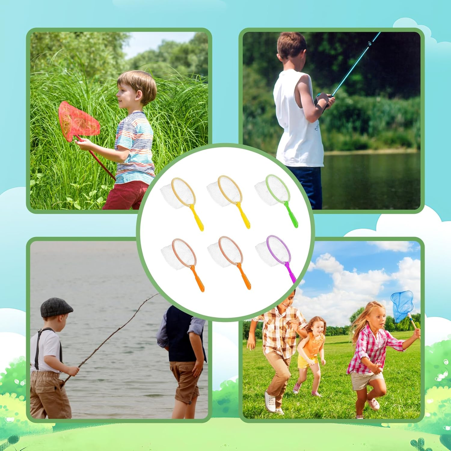 Children'S Landing Net Pack of 6 Beach Toys for Outdoor Adventures, Fishing Net Children in Yellow, Green, Purple and Orange, Ideal for Hand-Eye Coordination and Nature Exploration image number 3