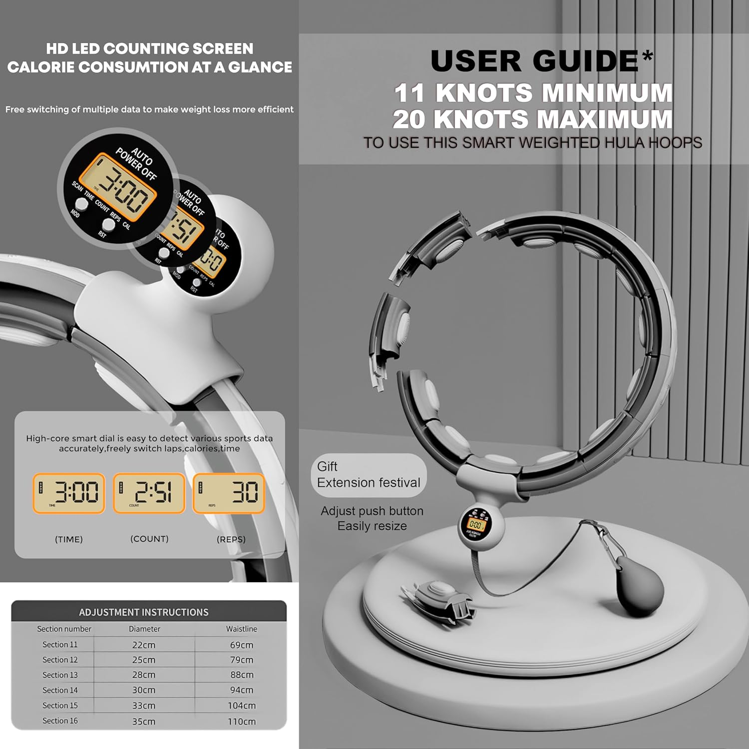 Smart Weighted Hula Hoop for Adults, Detachable Fitness Ring with 360 Degree Auto-Spinning Ball Massage, Smart Ring Hula Hoops for Adults, Fitness Equipment for Weight Loss image number 4