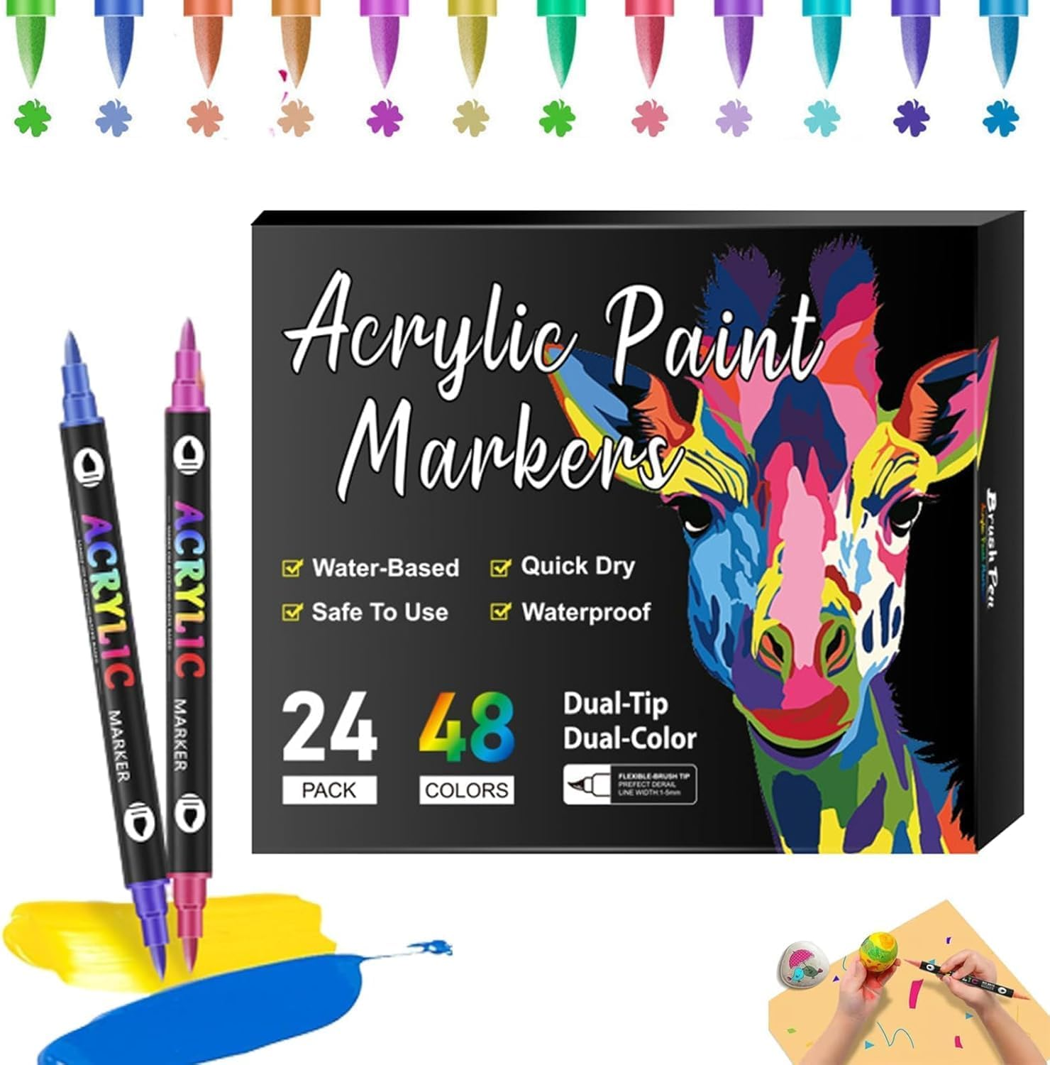 48 Color Acrylic Marker Pen for Painting, Ceramics, Wood, Plastic, Calligraphy, Scrapbook, Brush Engraving, Business Card Printing, DIY Crafts, Double Pointed Dual Color Rock Art Marker Pen. 24Pack image number 1