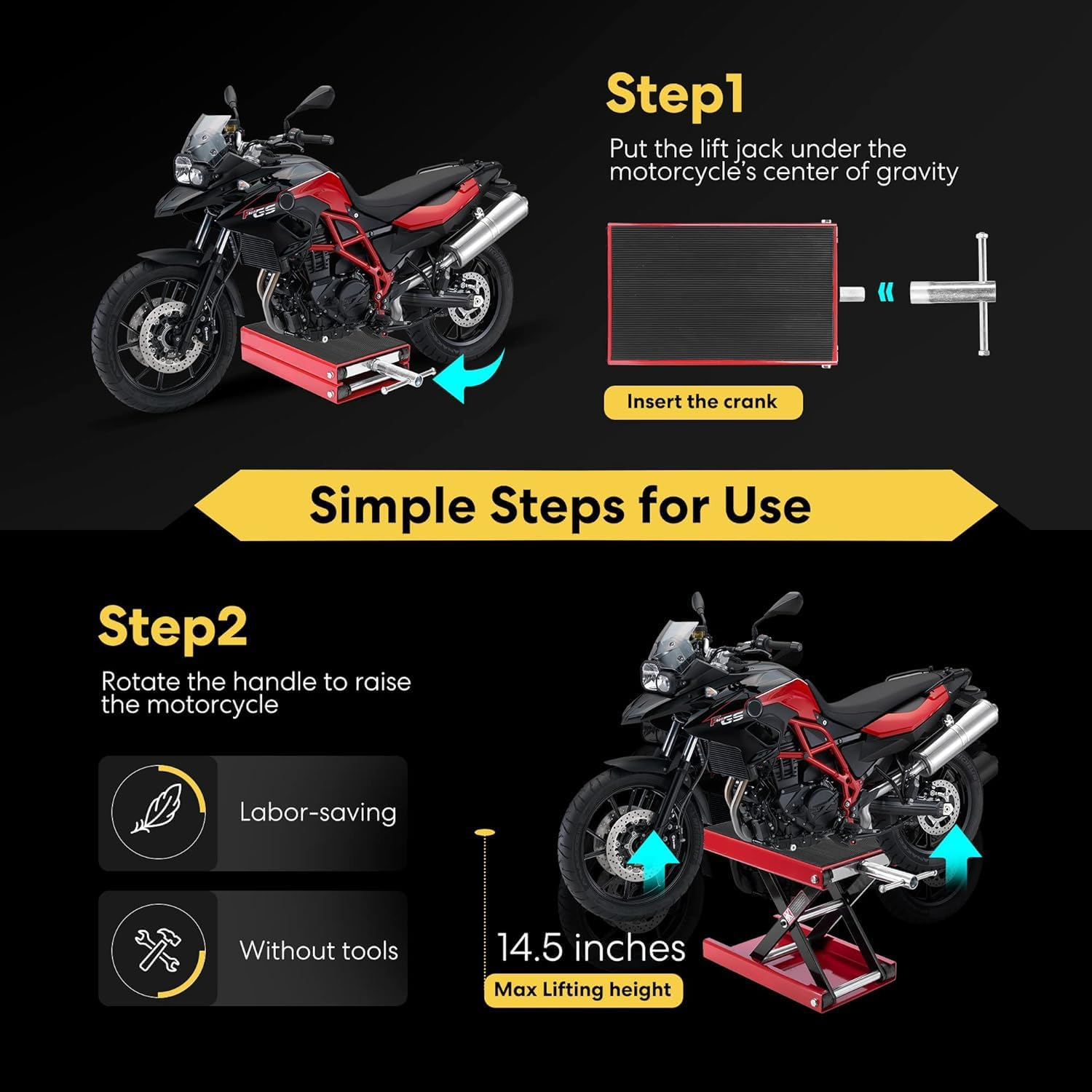 APEXORIGIN Motorcycle Lift, 500Kg Motorcycle Jack with Wide Deck & Safety Pin, 9-34Cm Center Hoist Crank Stand, Motorcycle Stand for Street Bikes, Cruiser Bikes, Touring Motorcycles (Red)