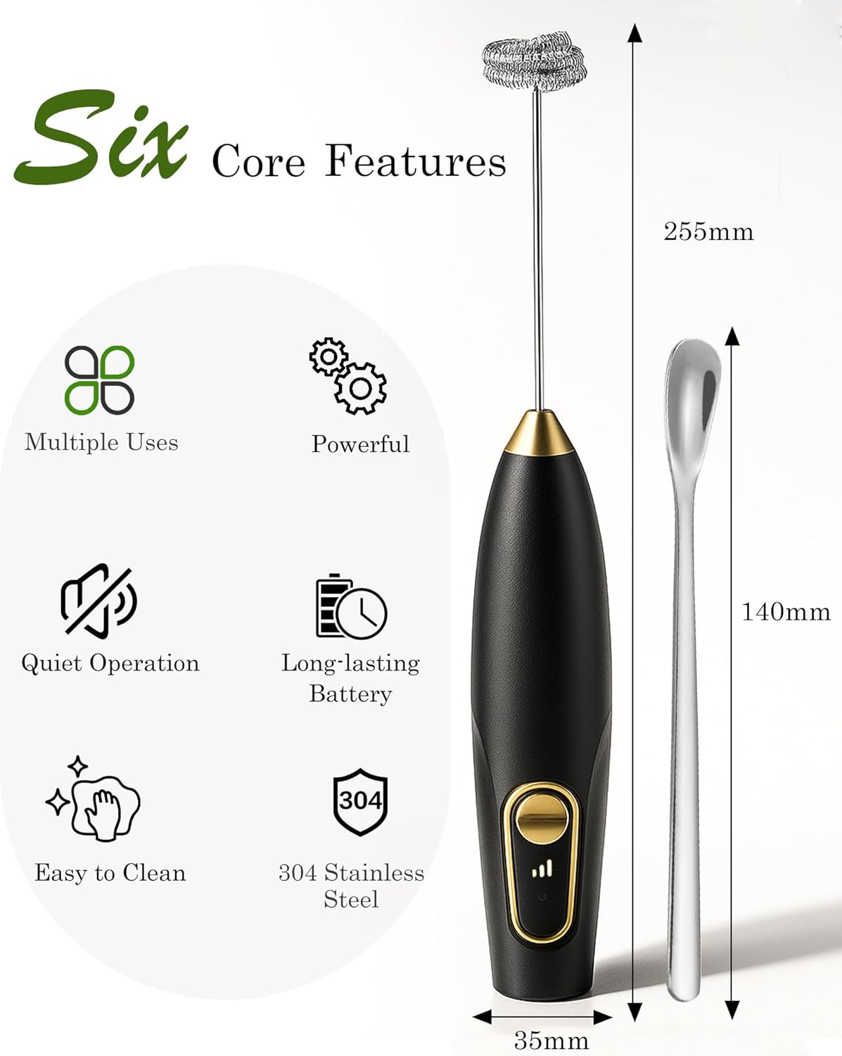 Handheld Milk Frother Rechargeable Powerful Double Whisk 3 Speed Settings Drink Mixer (White with Coffee Spoon) image number 4