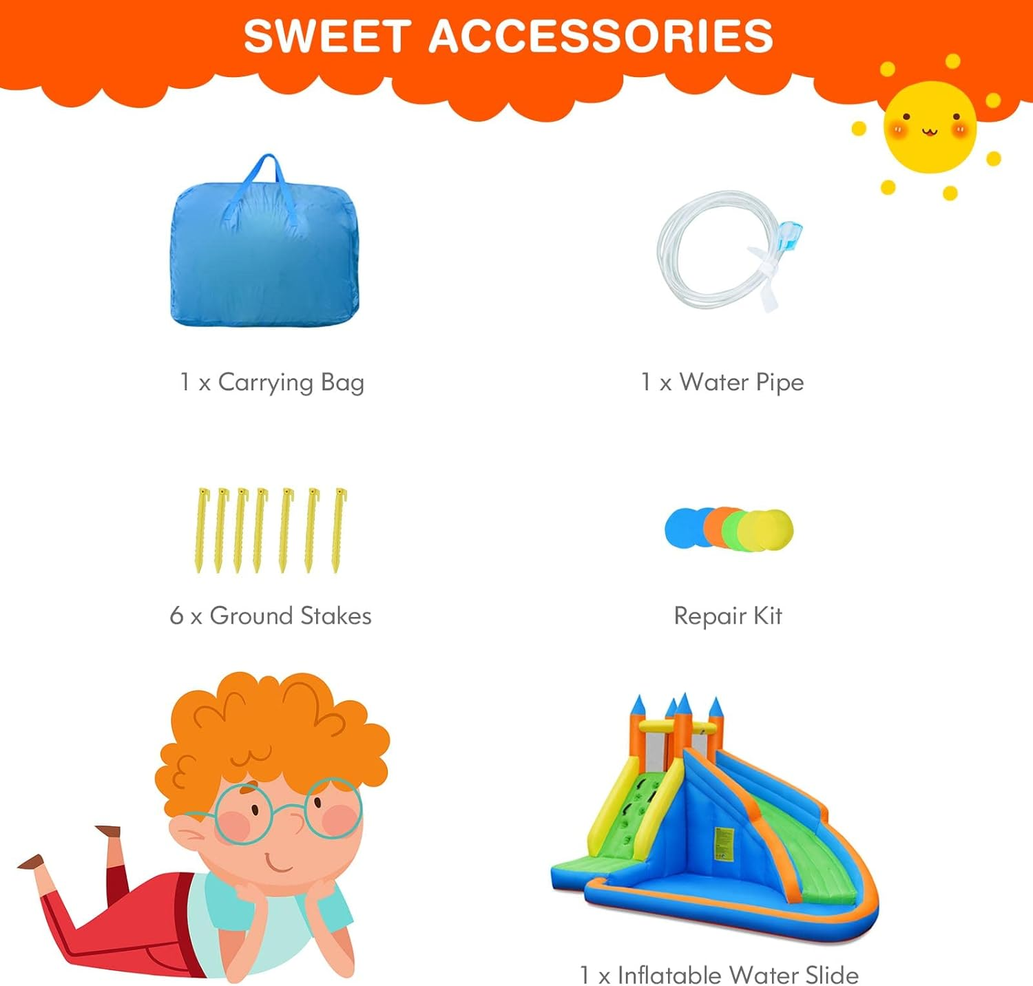 HONEY JOY Inflatable Water Slide Bouncer, Children Wet & Dry Bounce House with Climbing Wall, Long Slide, Splash Pool, Inflatable Water Park W/Oxford Carry Bag, Repairing Kit, Stakes (Without Blower) image number 5