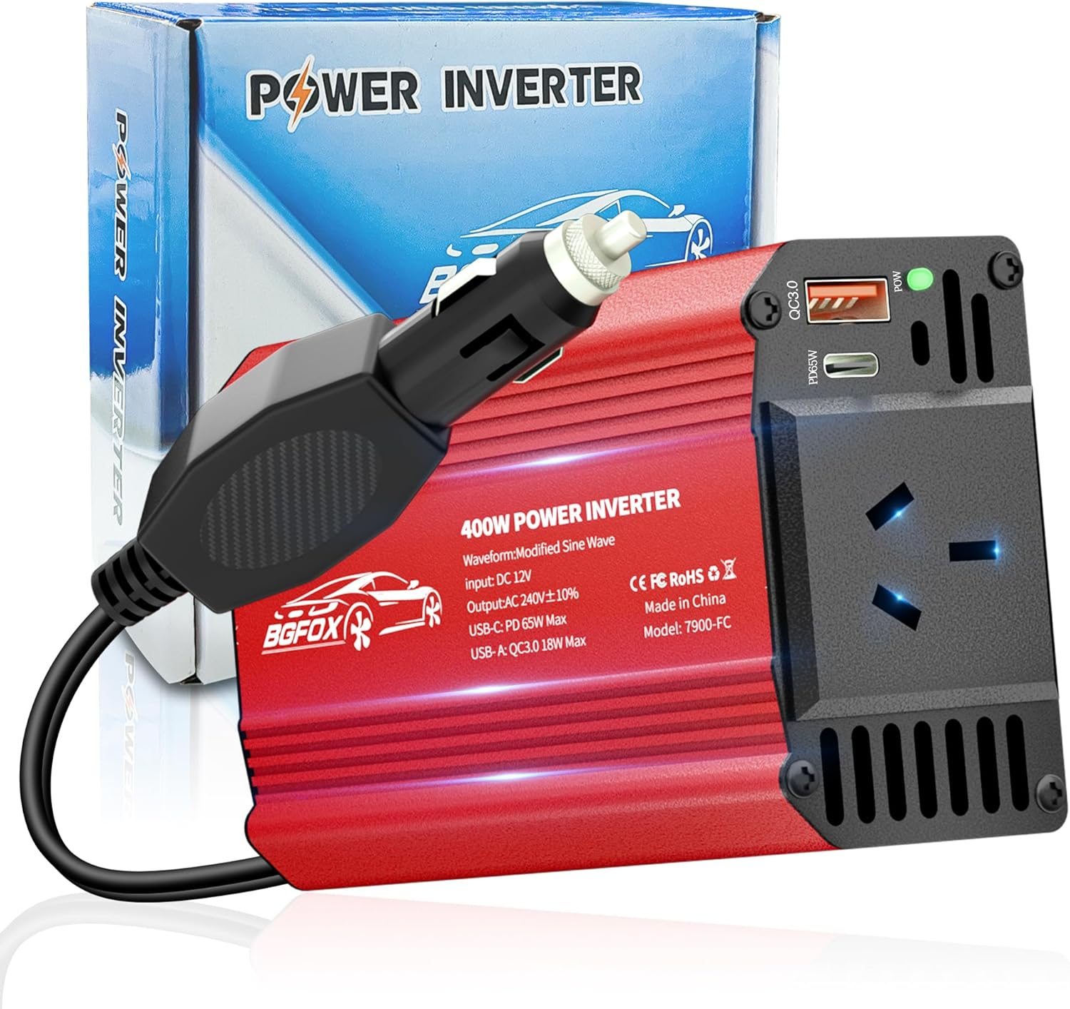 BGFOX 400W Vehicle Power Inverter, 12V to 240V Modified Sine Wave Converter, Car Charger with PD 65W USB-C QC 18W Port for Road Trips, Camping, Cameras and Other Electronic Devices-Black