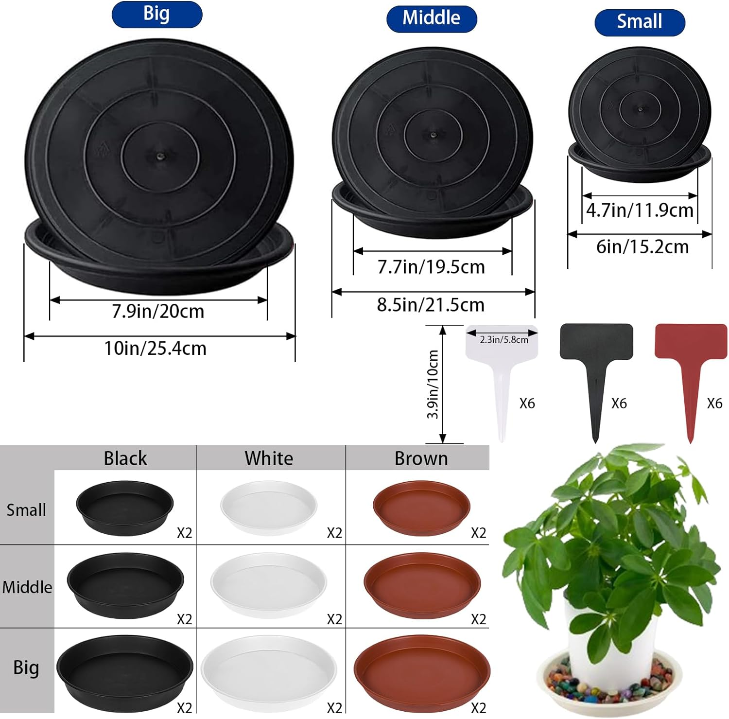 18 Pack Plant Saucers,Flower Pots Urable Thicker Plastic Plant Trays for Indoors and Outdoor, Plastic Plant Pots Plant Saucer Drip Trays (15CM/ 20CM/25CM, Black,White,Brown) image number 6
