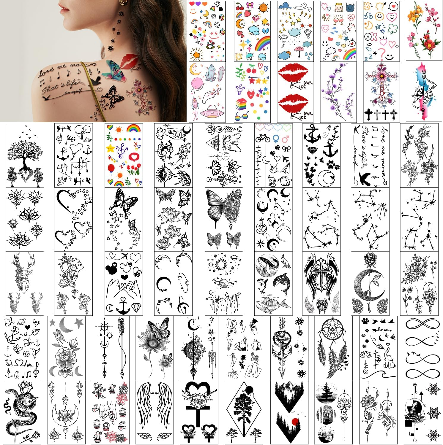 Yazhiji 60 Sheets Tiny Waterproof Temporary Tattoos, Moon Stars Constellations Music Compass Anchor Words Lines Flowers for Kids Adults Men and Women
