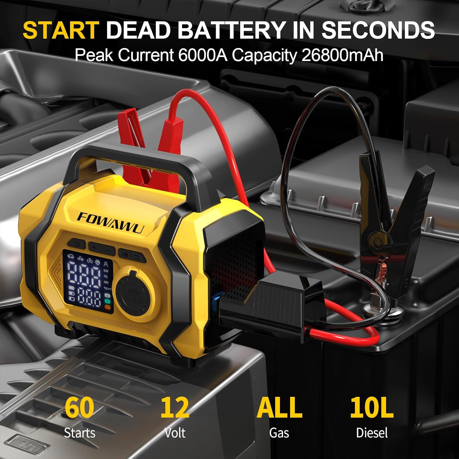 FOWAWU 6000A 26800Mah Jump Starter with Air Compressor, Car Battery Jumper Starter Power Bank (ALL Gas/10.0L Diesel), Cordless Auto-Shutoff Tire Inflator, Type-C Quick Charge, Smart Jumper, LED Lights image number 4