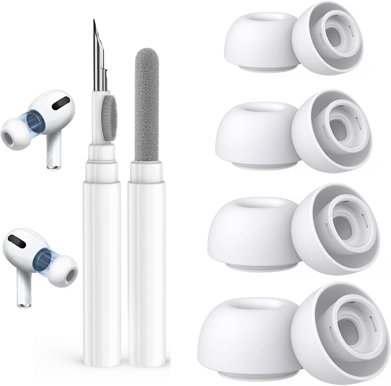 4 Pair Replacement Ear Tips for Airpods Pro & 2Nd Generation with Noise Reduction Hole, with Cleaner Pen Kit for Airpods Pro/Pro 2Nd, Built-In Dust Guard Screen, 4 Sizes (Xs/S/M/L)-White image number 4