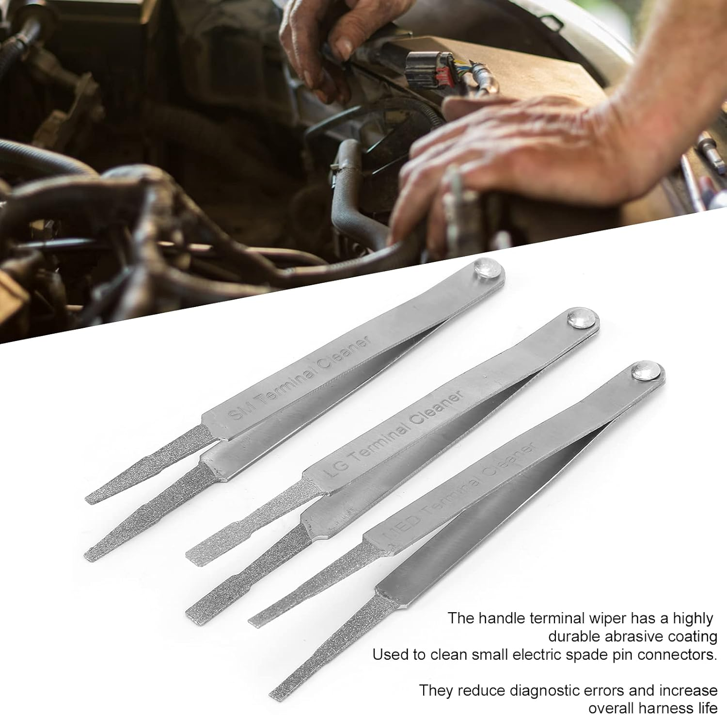 CHICIRIS Terminal Cleaner Set, 3PCS Terminal Wiring Tweezer Corrosion Removal Kit for Small Electrical Spade Pin Connectors, Ideal for Repairing Hardware, Metal Silver