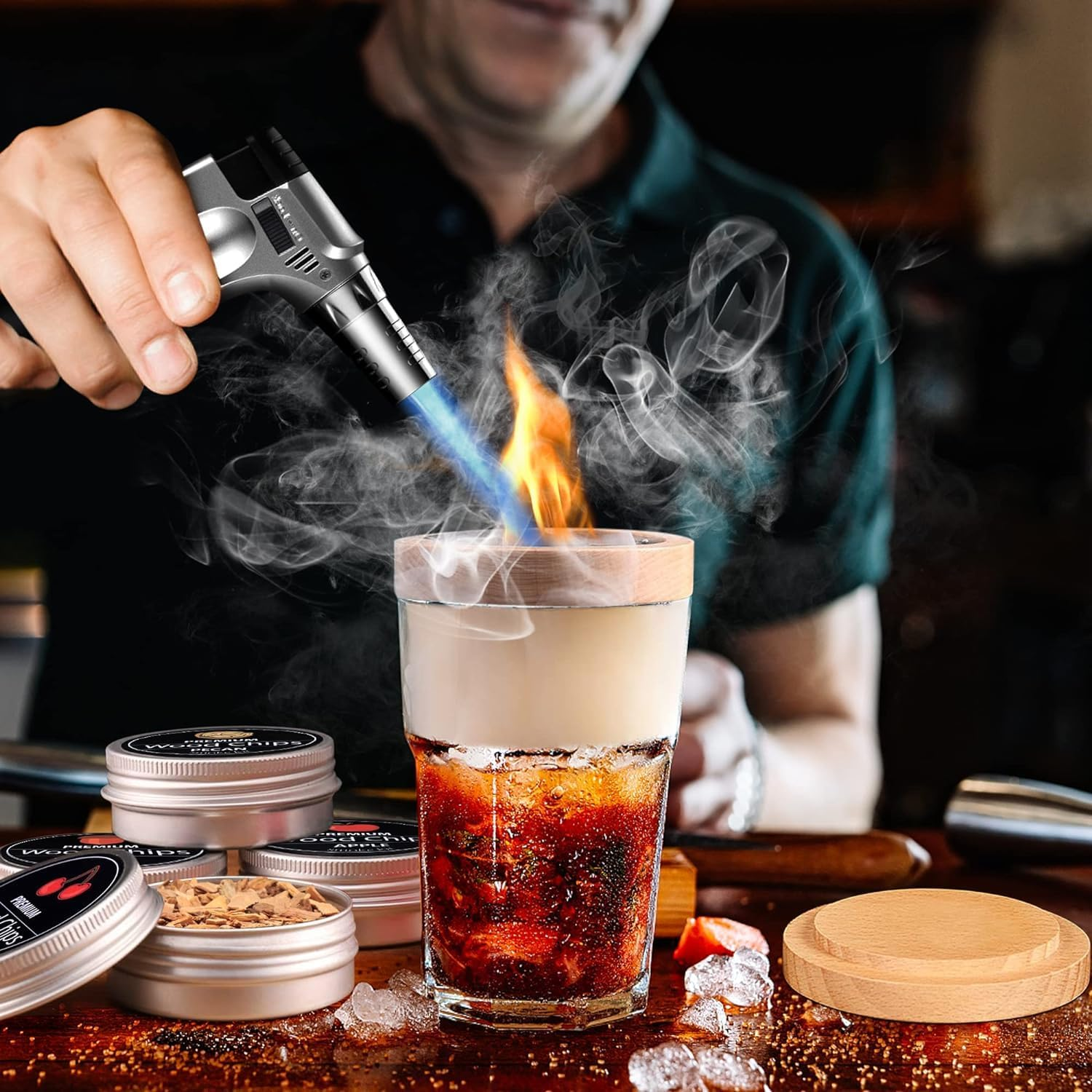 NOAEOU Father'S Day Cocktail Smoker Kit with Torch，Whiskey Smoker Kit with Ice Wine Stone,Bourbon Smoker Kit with Four Flavors Wood Smoked Chips，Fashioned Smokers Kits (Without Butane) image number 3
