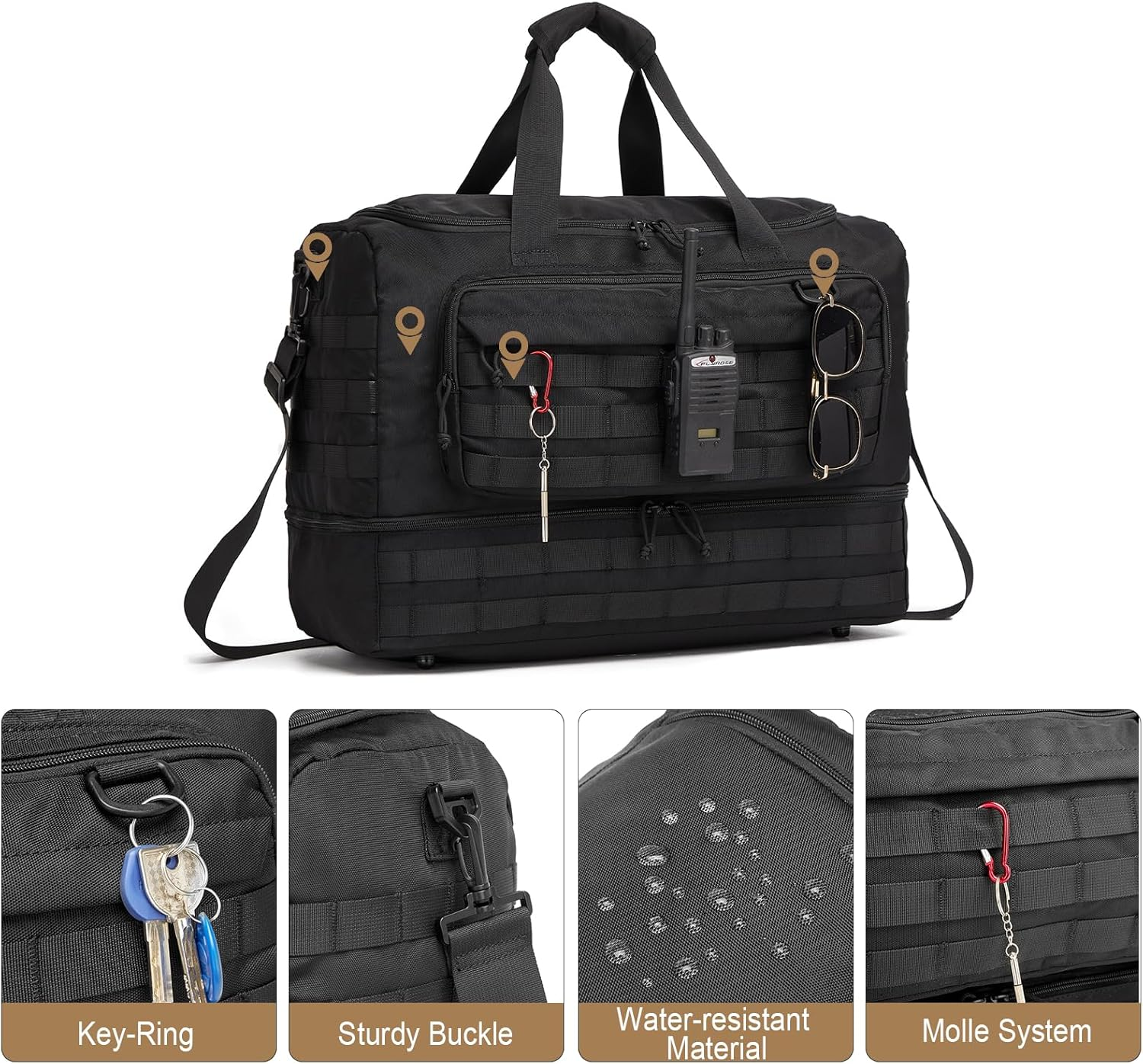 Travel Bag for Men,Military Tactical Gym Duffle Bag with Shoe Compartment Tactical Duffle Bags for Travel Carry on Bag Weekender Overnight Sport Duffel Range Bag for Workout-Black image number 6