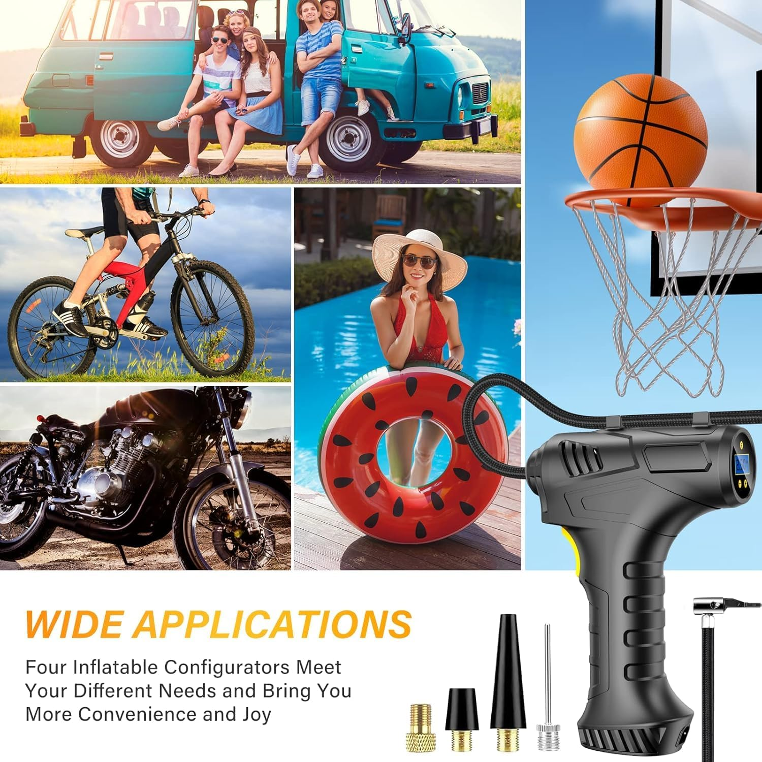 Tyre Inflator Cordless Air Compressor,12V USB Rechargeable Battery,150Psi Portable Car Tyre Pump,Electric Digital Pump with LED Light and 3 Nozzle Adaptors,For Cars,Suv,Motorcycles, Bicycle,Balls image number 1