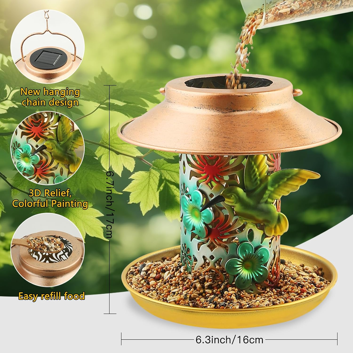 PENXUA Solar Bird Feeder for Outdoors Hunging, Gifts for Mom Grandma Women, Metal Waterproof outside Wild Bird Feeders,Cardinals Feeders, Gifts for Bird Lovers, Lantern Light, Garden Decoration