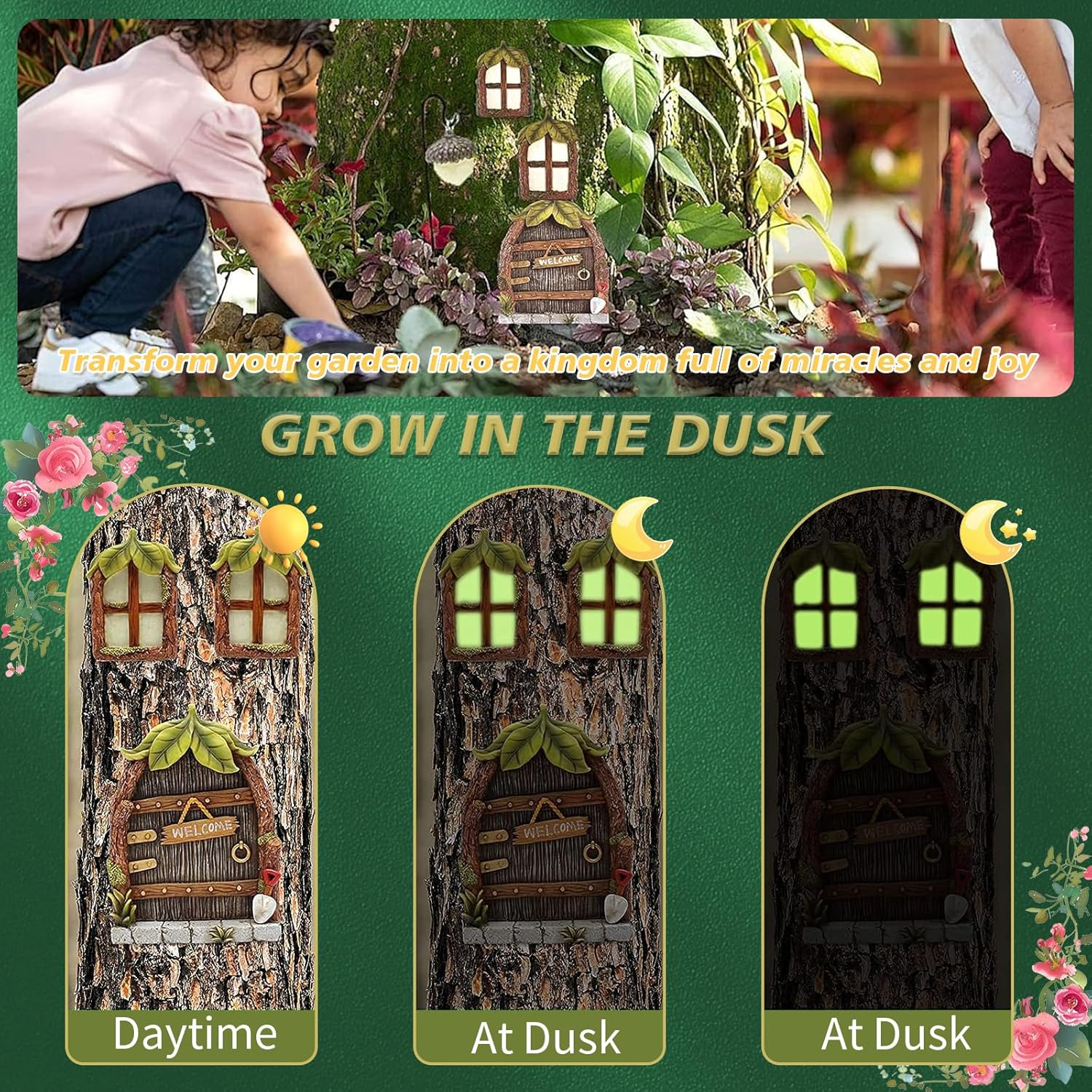 4PCS Fairy Door Decorations Kit, Fairy Door & Window Resin Set, Garden Miniature Fairy Tree Ornaments, Windows Glow in the Dark, Decoration Garden Lawn Ornament, Outdoor Decor Accessories (4) image number 5