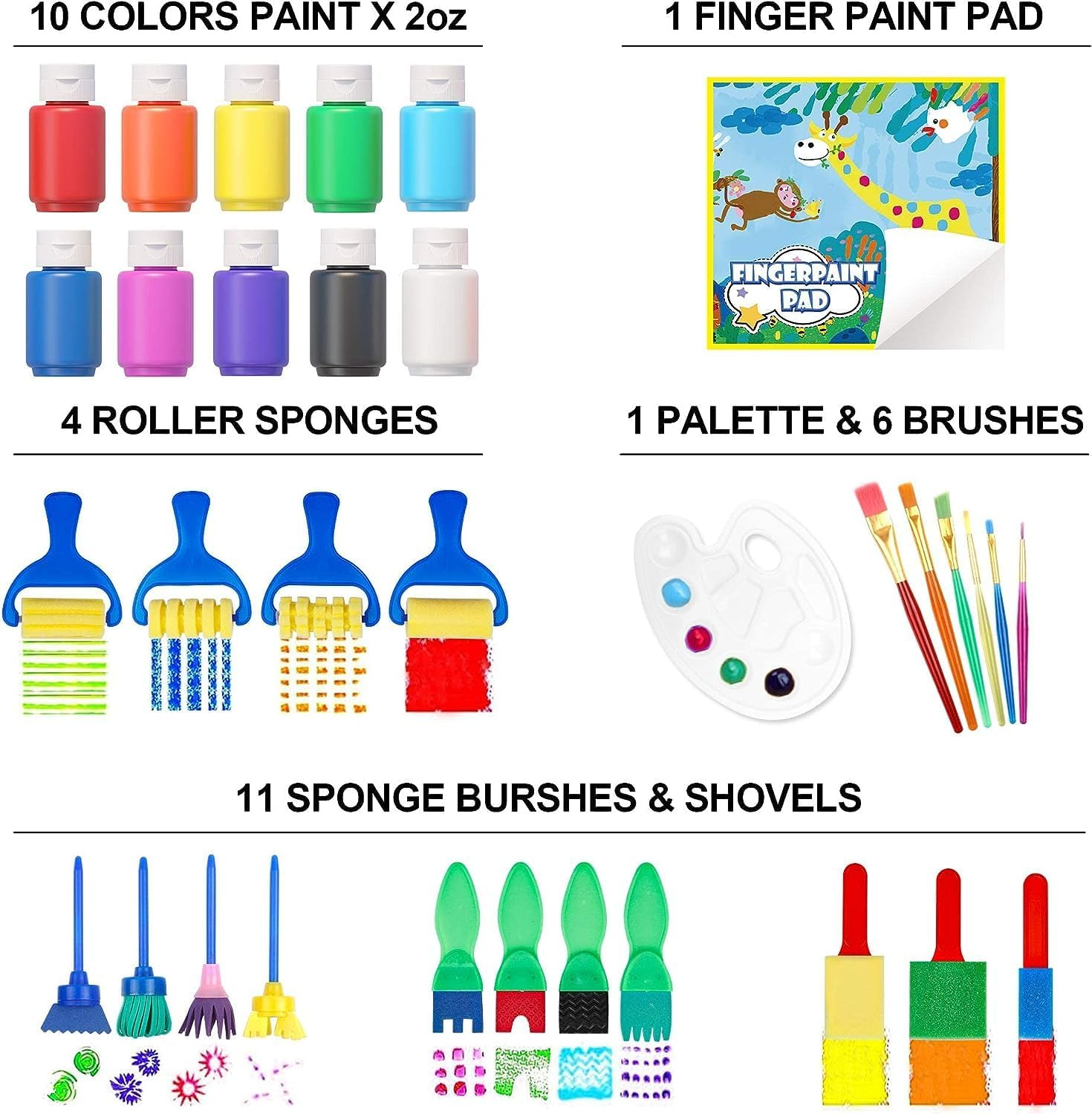 Washable Finger Paint Set, Shuttle Art Kids Paint Set with 10 Colours (60Ml) Finger Paints Brushes, Finger Paint Pad Spongebrushes Palette, Non Toxic for Toddlers Home Activity Early Education image number 2
