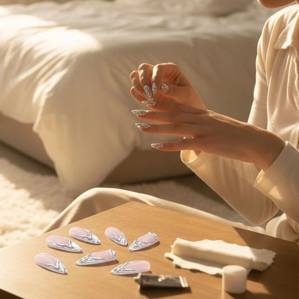 Kivano Almond Press on Nails with French Tip Design, Reusable False Nails Kit for Manicure at Home - 24 Pcs in 12 Sizes, Easy to Apply, Salon Style - Kivano