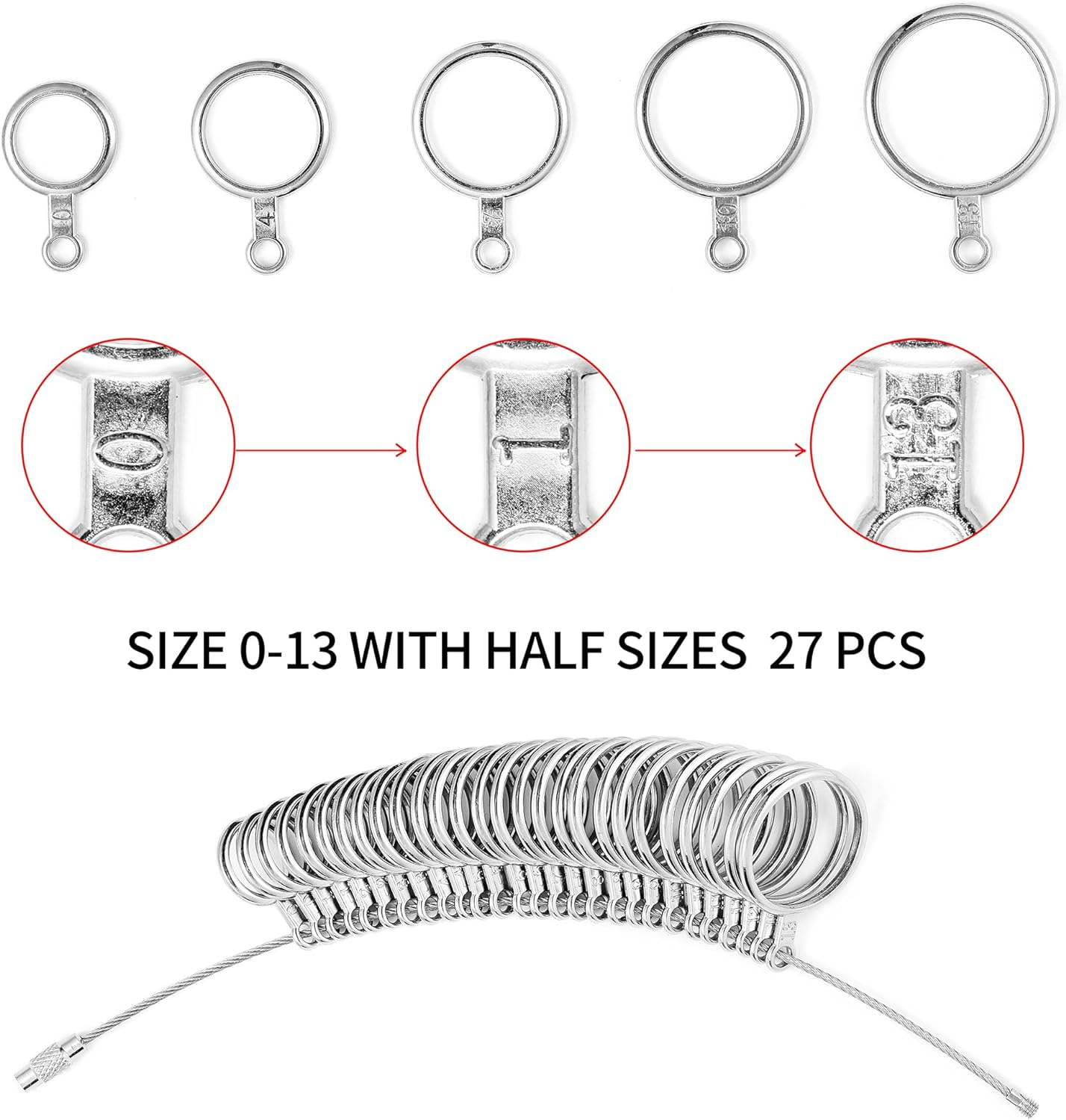 Ring Sizer Measuring Tool Kit, 27 PCS Stainless Steel Measuring Ring Tool, US Ring Size 0-13 with Half Size, 2 PCS Reusable Finger Size Tape with Magnified Glass 1-17 USA Rings Size image number 2