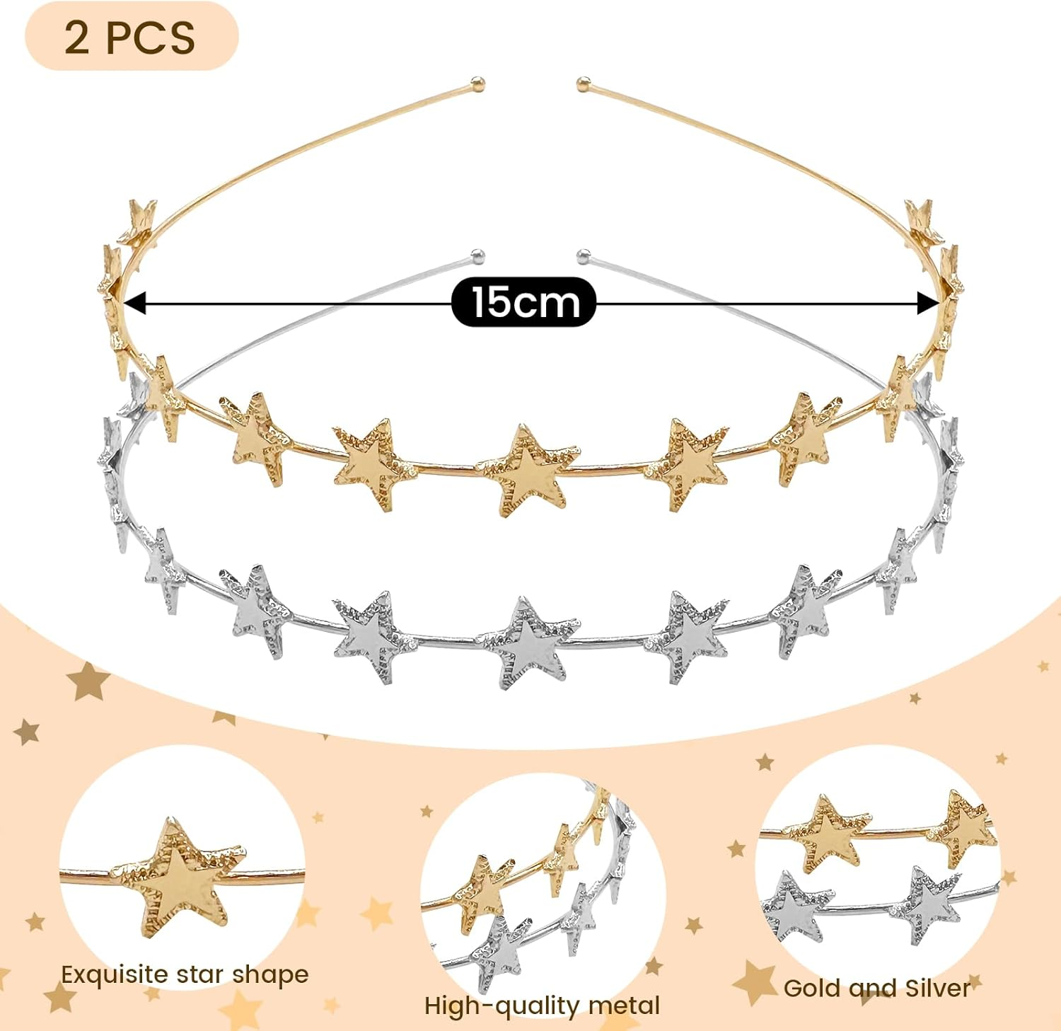 BUOKSLLY Pack of 2 Women'S Star Headbands, Girls' Hair Accessories, Hair Band, Glitter Headband, Star, Sparkling Elegance for Parties & Everyday, Gold and Silver, L image number 5