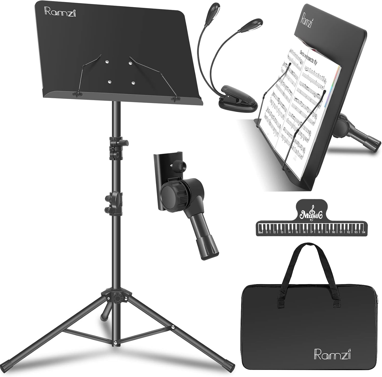 Ramzi Portable 5-In-1 Dual-Use Sheet Music Stand with Light, Clip, and Carrying Bag image number 3