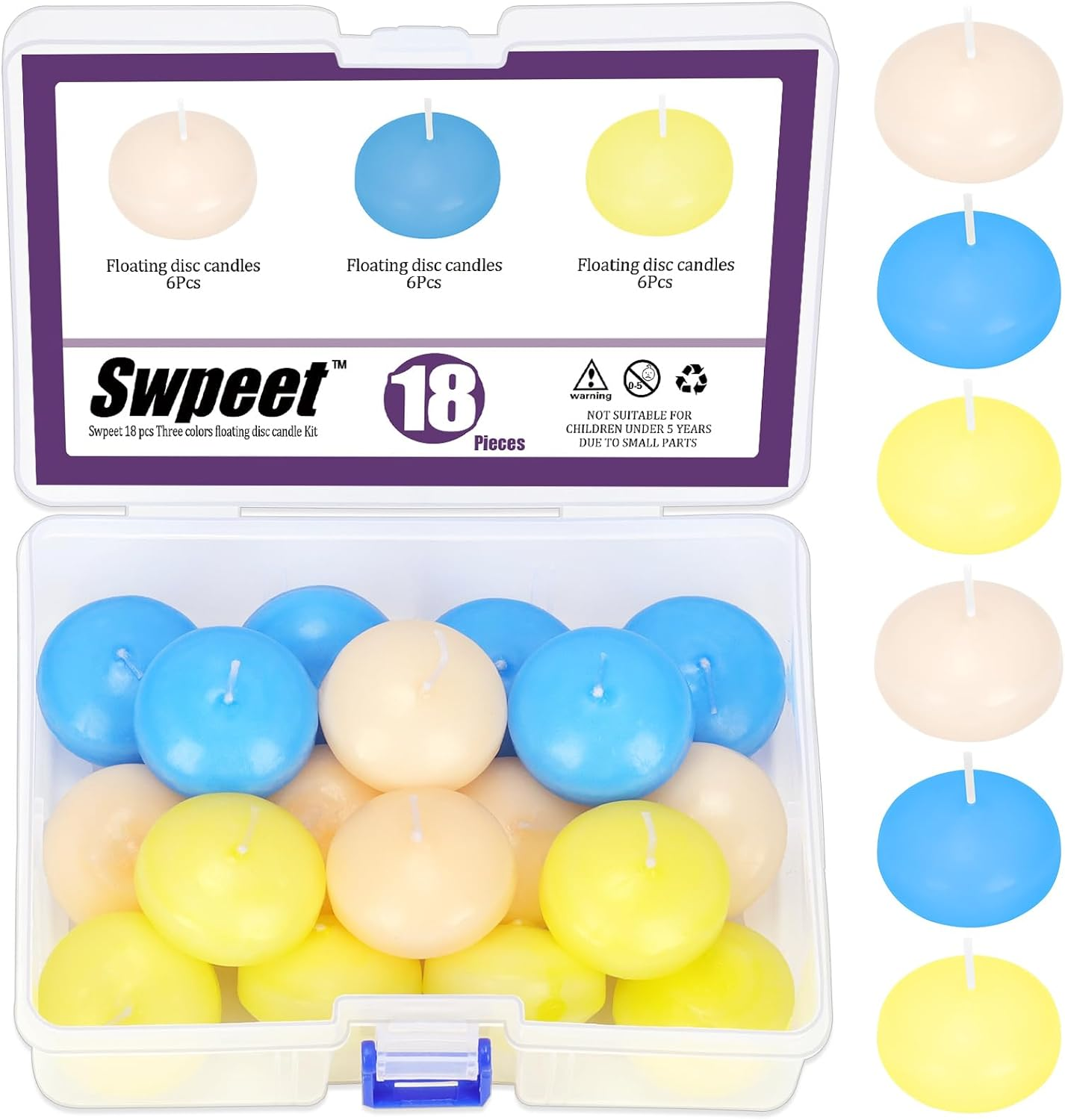 Swpeet 18Pcs 1.5 Inch Ivory/Yellow/Blue Unscented Floating Candles Set, Floating Discs Candles Driples Hand-Rolled Paraffin Wax Cotton Wicks for Centerpieces, Weddings, Parties and Christmas Home