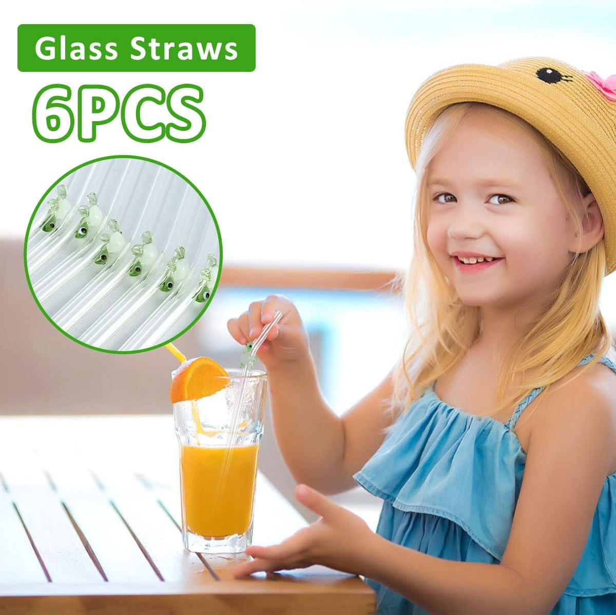 6Pcs Reusable Drinking Straws Clear Glass Drinking Staws with Cleaning Brush Cute Flower Heart Straws for Smoothies Tea Juice Milkshakes (Turtle) - Flower image number 2