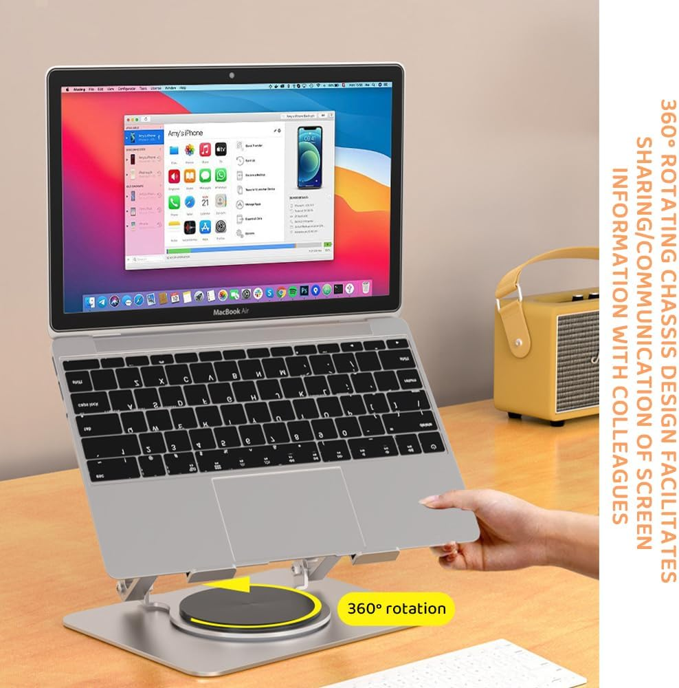 Adjustable Laptop Stand with 360&deg; Swivel Base, Ergonomic Foldable Aluminum Holder for Macbook & Laptops, Portable Desk Stand (Silver) image number 2