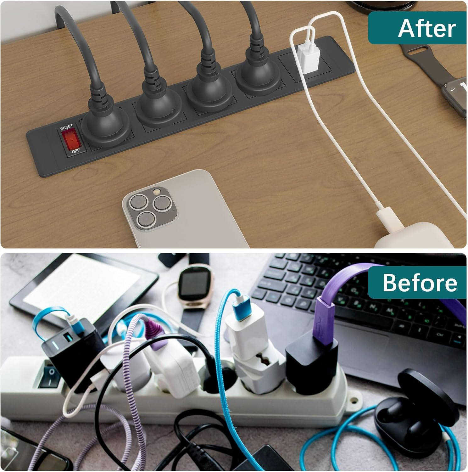 Flush Mount Recessed Power Outlet with 4 Plugs, 2 USB Ports, 1 USB-C, Switch, Standard Desk Charging Station Power Strip Recessed Power Strip USB C Compact Design for Furniture and Desktops, 2500W image number 2