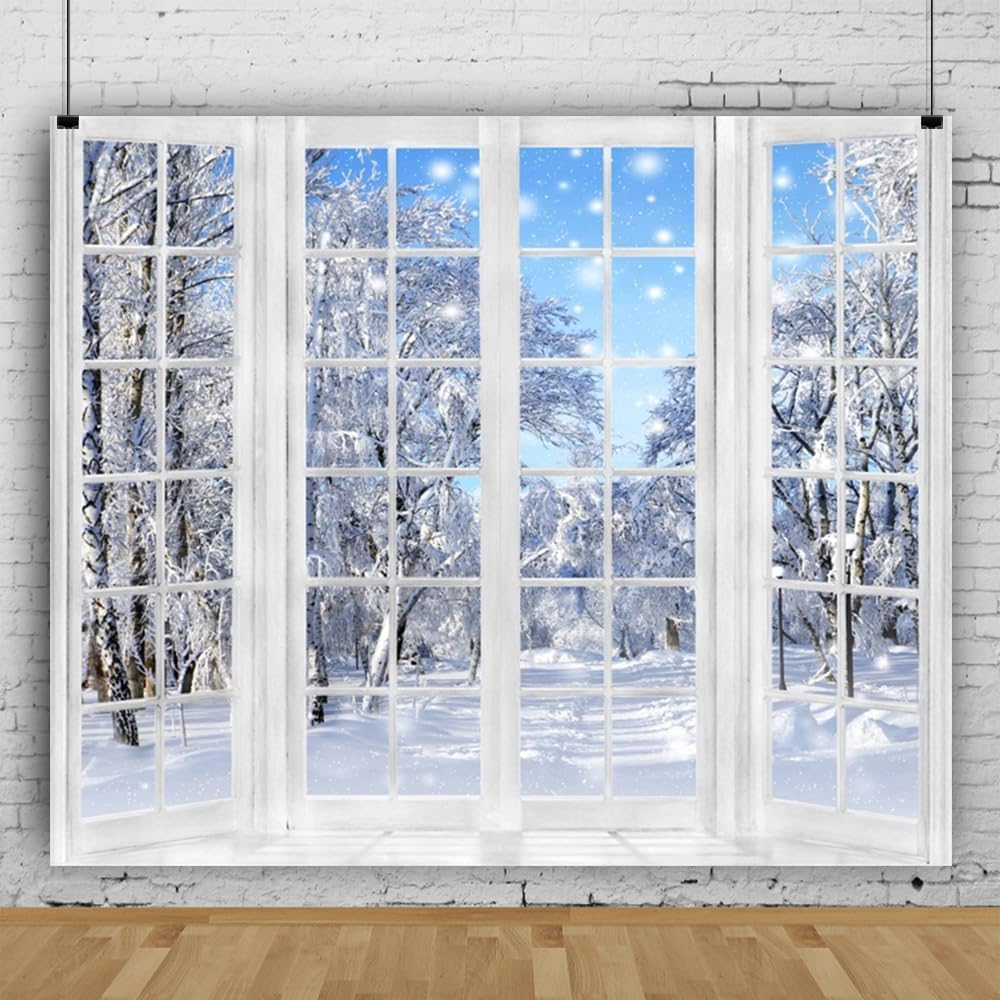 12X8Ft Winter Photography Backdrop Beautiful Nature Snowy Scenery Wonderland French Window Background for Kids Children Family Christmas Happy New Year Party Decor Banner Portrait Photo Booth Props
