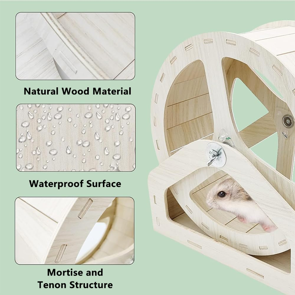Wooden Hamster Wheel, Small Pet Exercise Wheel for Hamsters, Gerbils and Mice, Silent Small Animal Running Wheel Toy and Cage Accessory