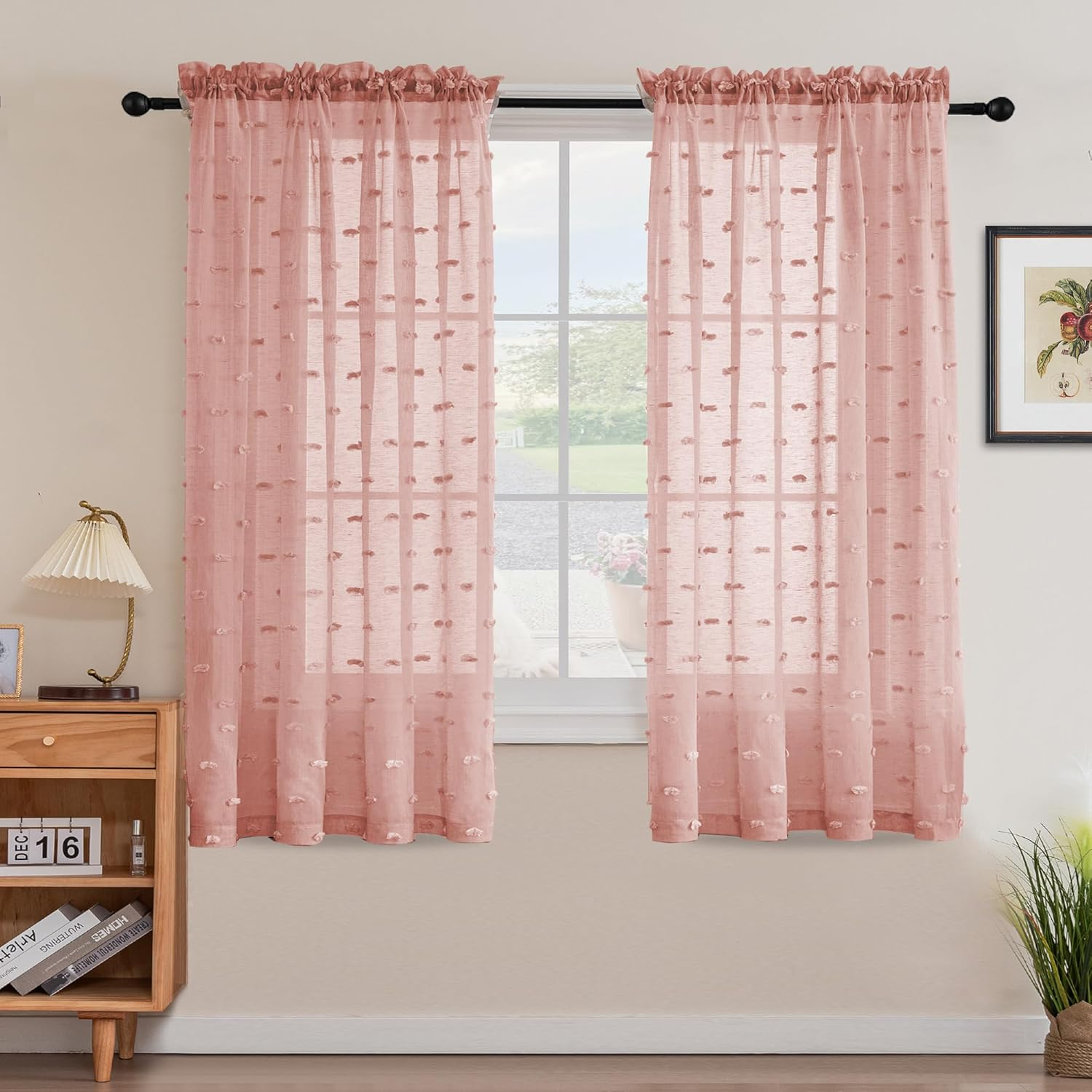 Smarcute Pom Pom Linen Textured Sheer Curtains for Bedroom Light Filtering Semi Sheer Rod Pocket Curtain & Drapes for Living Room, Nursery Room, Set of 2 Panels, (Coral Pink, 132 X 160 Cm) image number 6